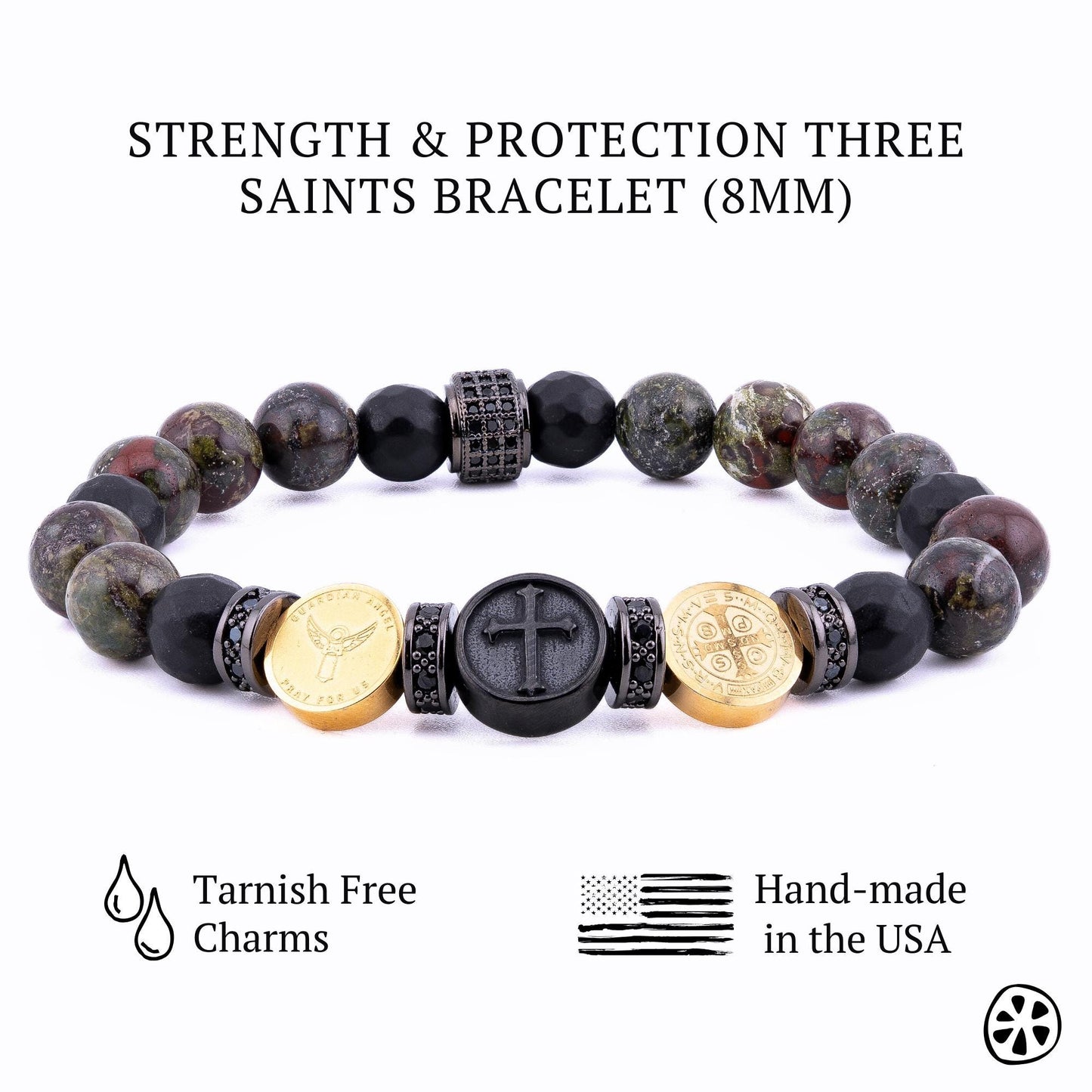 This protection bracelet combines St. Michael, the Cross, and St. Benedict, offering divine strength, defense against evil, and spiritual guidance. Dragon Bloodstone enhances courage, vitality, and resilience, while Black Onyx absorbs negativity, providing grounding and inner strength. Together, these elements create a powerful shield of protection, faith, and confidence for the wearer.