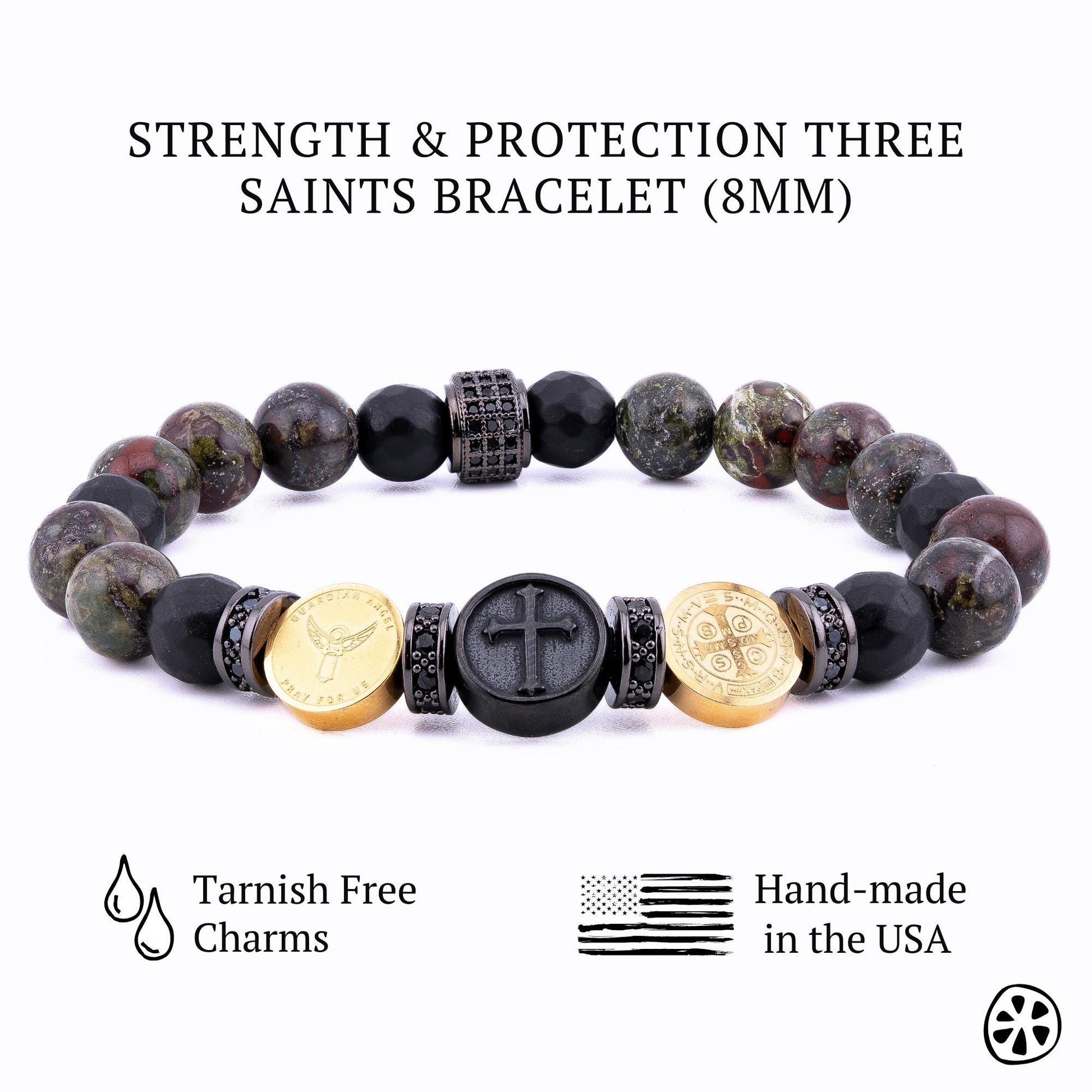 This protection bracelet combines St. Michael, the Cross, and St. Benedict, offering divine strength, defense against evil, and spiritual guidance. Dragon Bloodstone enhances courage, vitality, and resilience, while Black Onyx absorbs negativity, providing grounding and inner strength. Together, these elements create a powerful shield of protection, faith, and confidence for the wearer.