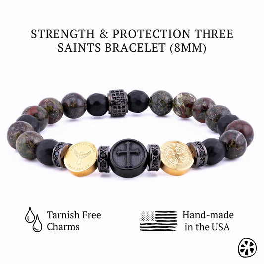 This protection bracelet combines St. Michael, the Cross, and St. Benedict, offering divine strength, defense against evil, and spiritual guidance. Dragon Bloodstone enhances courage, vitality, and resilience, while Black Onyx absorbs negativity, providing grounding and inner strength. Together, these elements create a powerful shield of protection, faith, and confidence for the wearer.