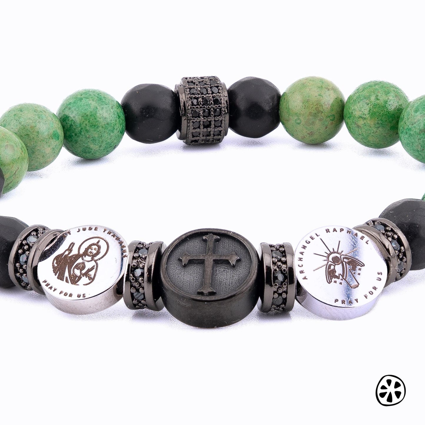 Three Saints Bracelet: Saint Jude Thaddeus, Cross, Archangel Raphael Custom Saint Choice. Faith & Blessing Gift, Green Apple Jasper Stone