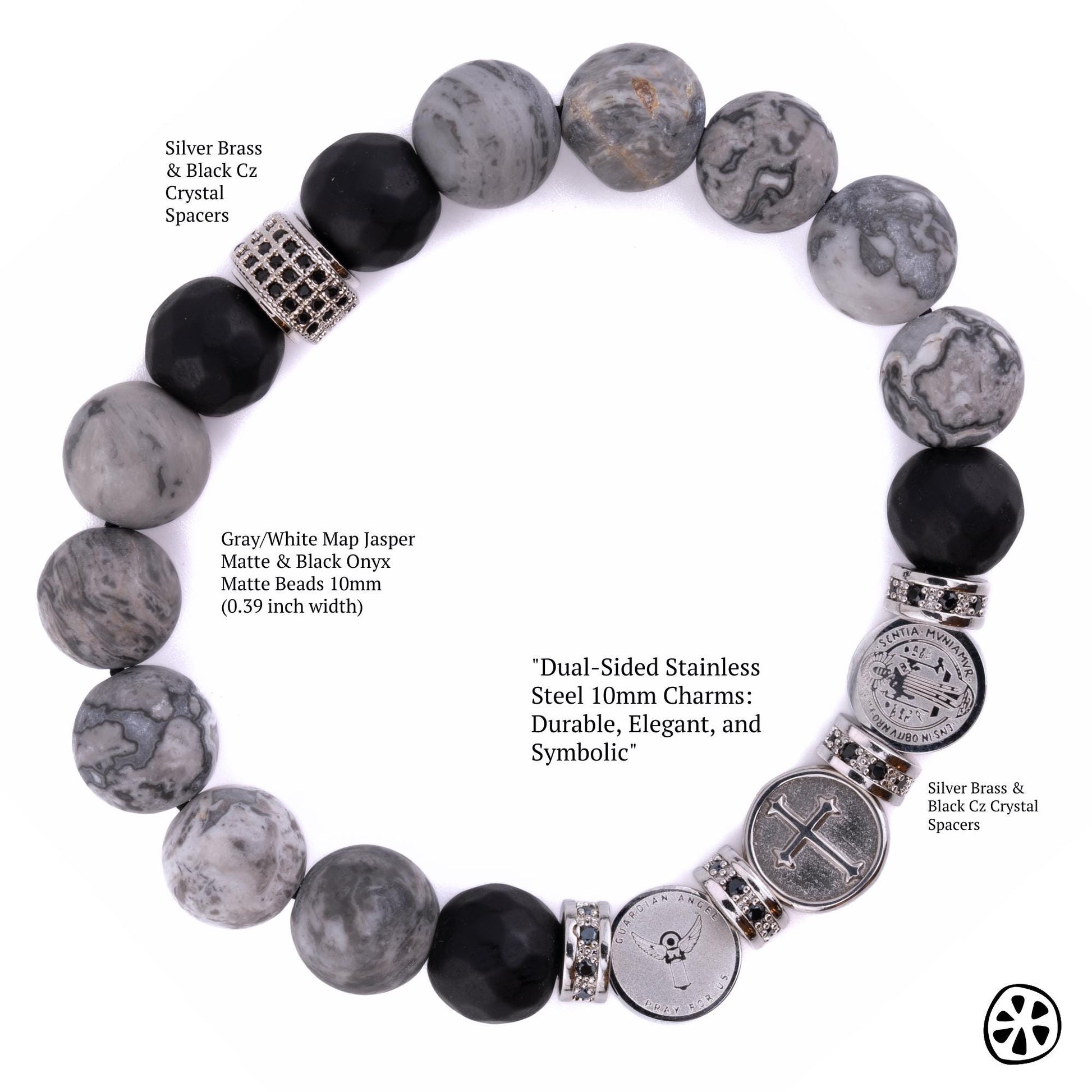 Three Saints Protection Bracelet

This powerful bracelet blends spiritual protection and grounding energy. St. Michael’s sword, Guardian Angel, St. Benedict’s medal, and the Crucifix provide divine protection, strength, and guidance. Map Jasper promotes stability and emotional balance, while Black Onyx absorbs negativity and enhances resilience. Stainless steel and brass add durability and strength, reinforcing its protective energy.