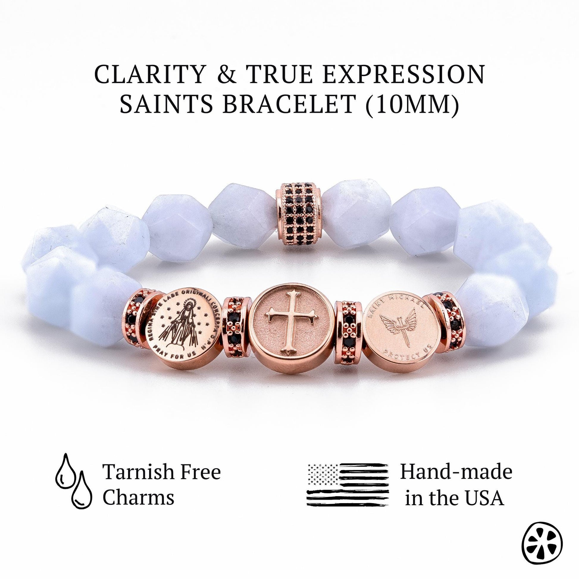 Triple Saint Protection Bracelet St. Michael, Miracle Medal, and Cross. Choose your saint. Aquamarine blue bracelet, Catholic gift for her