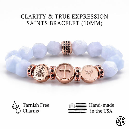 Triple Saint Protection Bracelet St. Michael, Miracle Medal, and Cross. Choose your saint. Aquamarine blue bracelet, Catholic gift for her