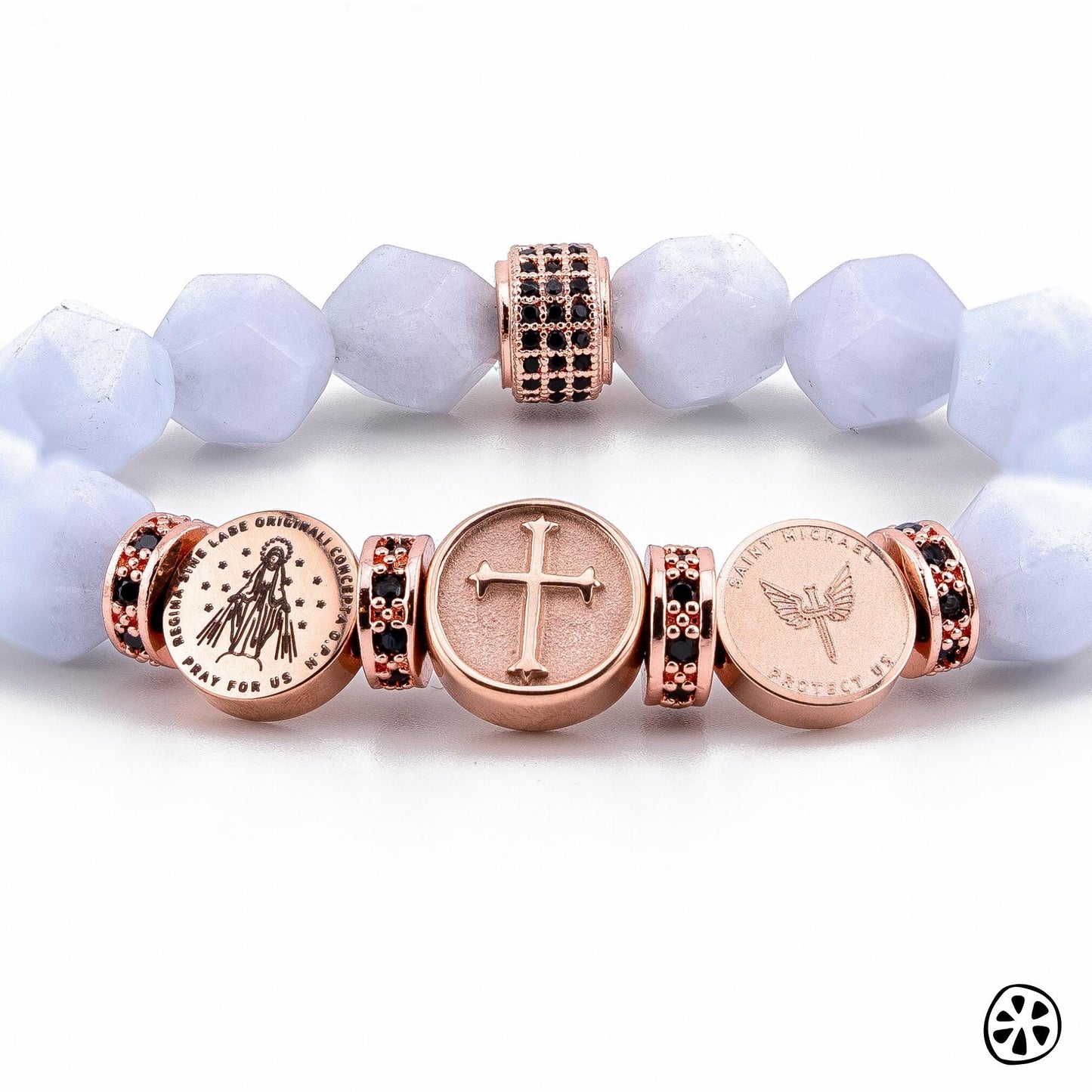 Triple Saint Protection Bracelet St. Michael, Miracle Medal, and Cross. Choose your saint. Aquamarine blue bracelet, Catholic gift for her