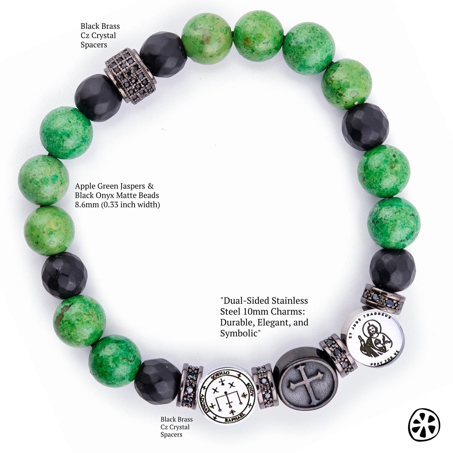 Three Saints Bracelet: Saint Jude Thaddeus, Cross, Archangel Raphael Custom Saint Choice. Faith & Blessing Gift, Green Apple Jasper Stone