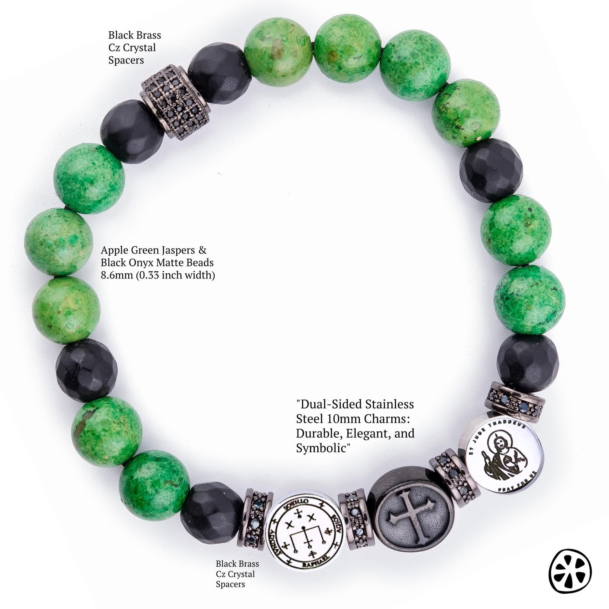 Three Saints Bracelet: Saint Jude Thaddeus, Cross, Archangel Raphael Custom Saint Choice. Faith & Blessing Gift, Green Apple Jasper Stone