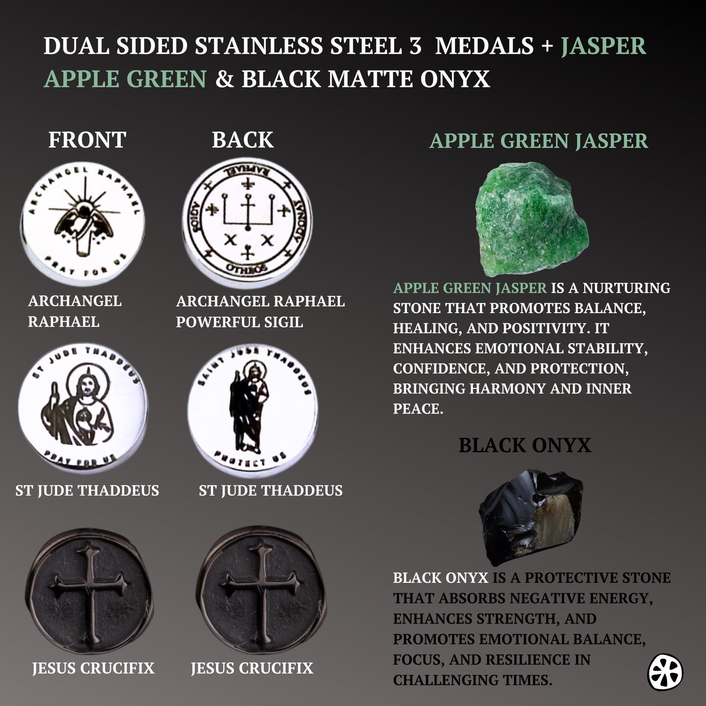 Three Saints Bracelet: Saint Jude Thaddeus, Cross, Archangel Raphael Custom Saint Choice. Faith & Blessing Gift, Green Apple Jasper Stone