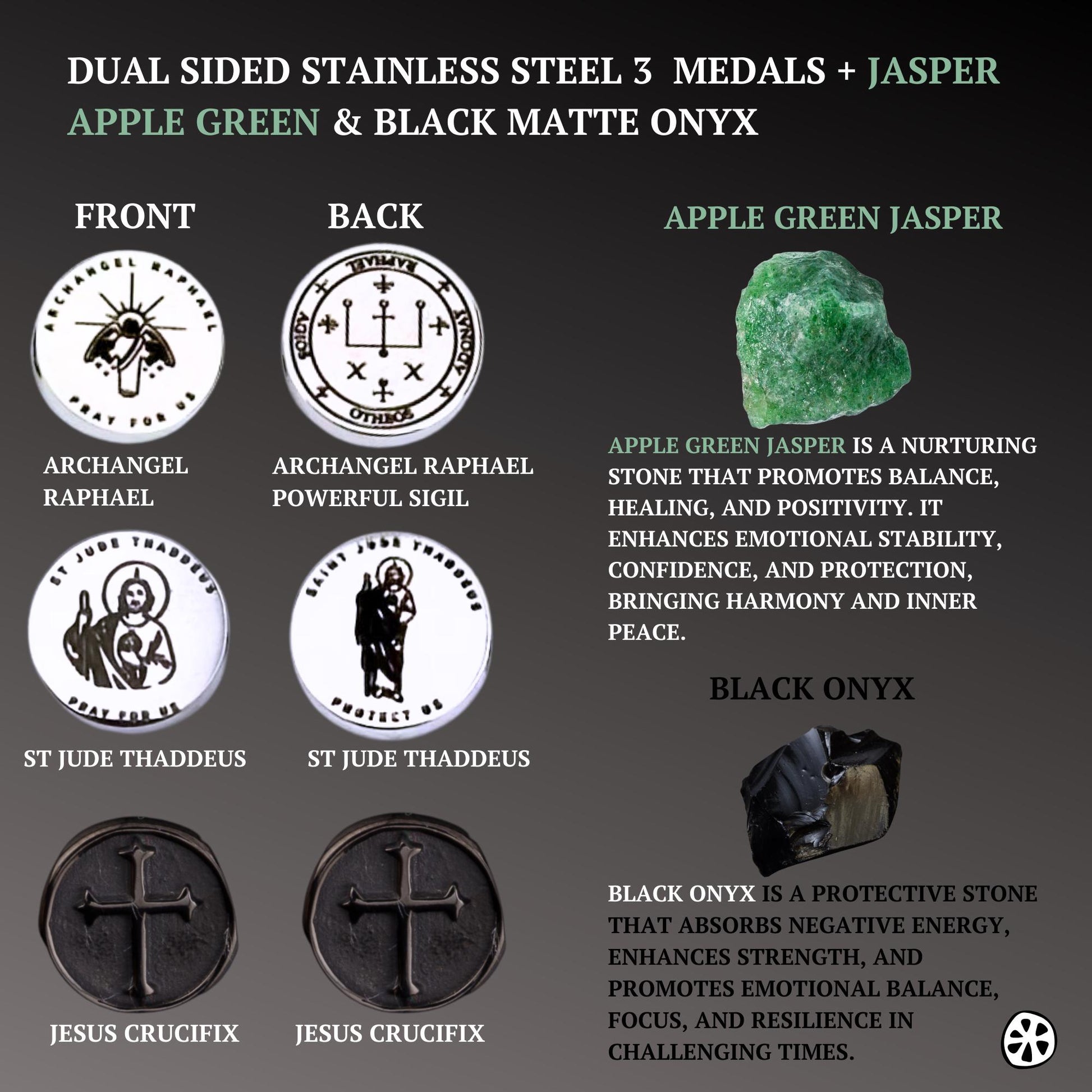 Three Saints Bracelet: Saint Jude Thaddeus, Cross, Archangel Raphael Custom Saint Choice. Faith & Blessing Gift, Green Apple Jasper Stone