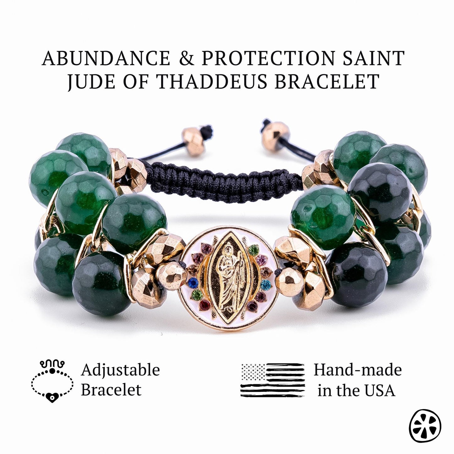 St Jude Thaddeus Protection Chuncky Women Bracelet, Faith & Blessing Gift. Chalcedony Green Emerald and Pyrites, Catholic Gift for her
