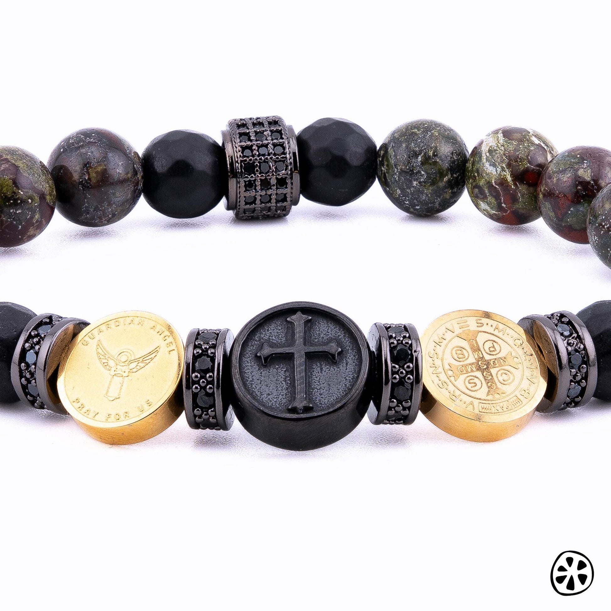 This protection bracelet combines St. Michael, the Cross, and St. Benedict, offering divine strength, defense against evil, and spiritual guidance. Dragon Bloodstone enhances courage, vitality, and resilience, while Black Onyx absorbs negativity, providing grounding and inner strength. Together, these elements create a powerful shield of protection, faith, and confidence for the wearer.