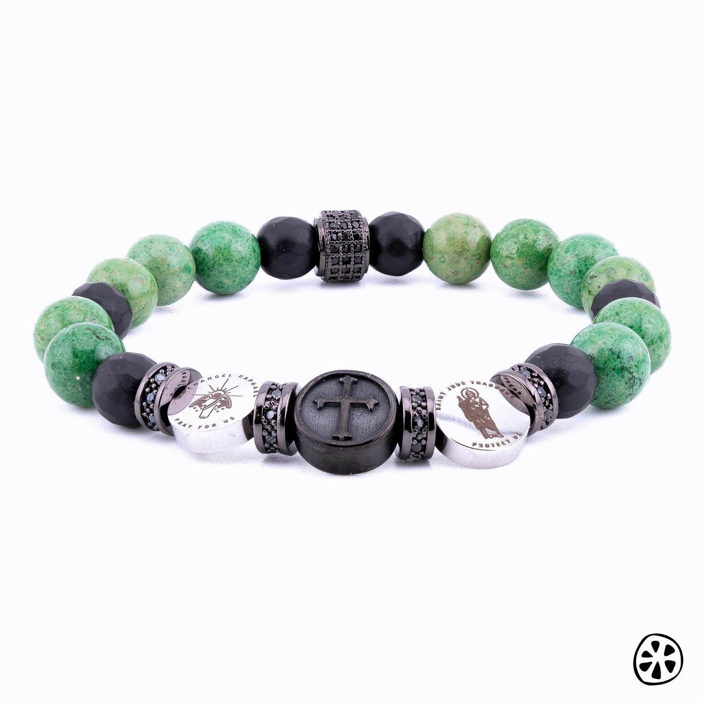 Three Saints Bracelet: Saint Jude Thaddeus, Cross, Archangel Raphael Custom Saint Choice. Faith & Blessing Gift, Green Apple Jasper Stone