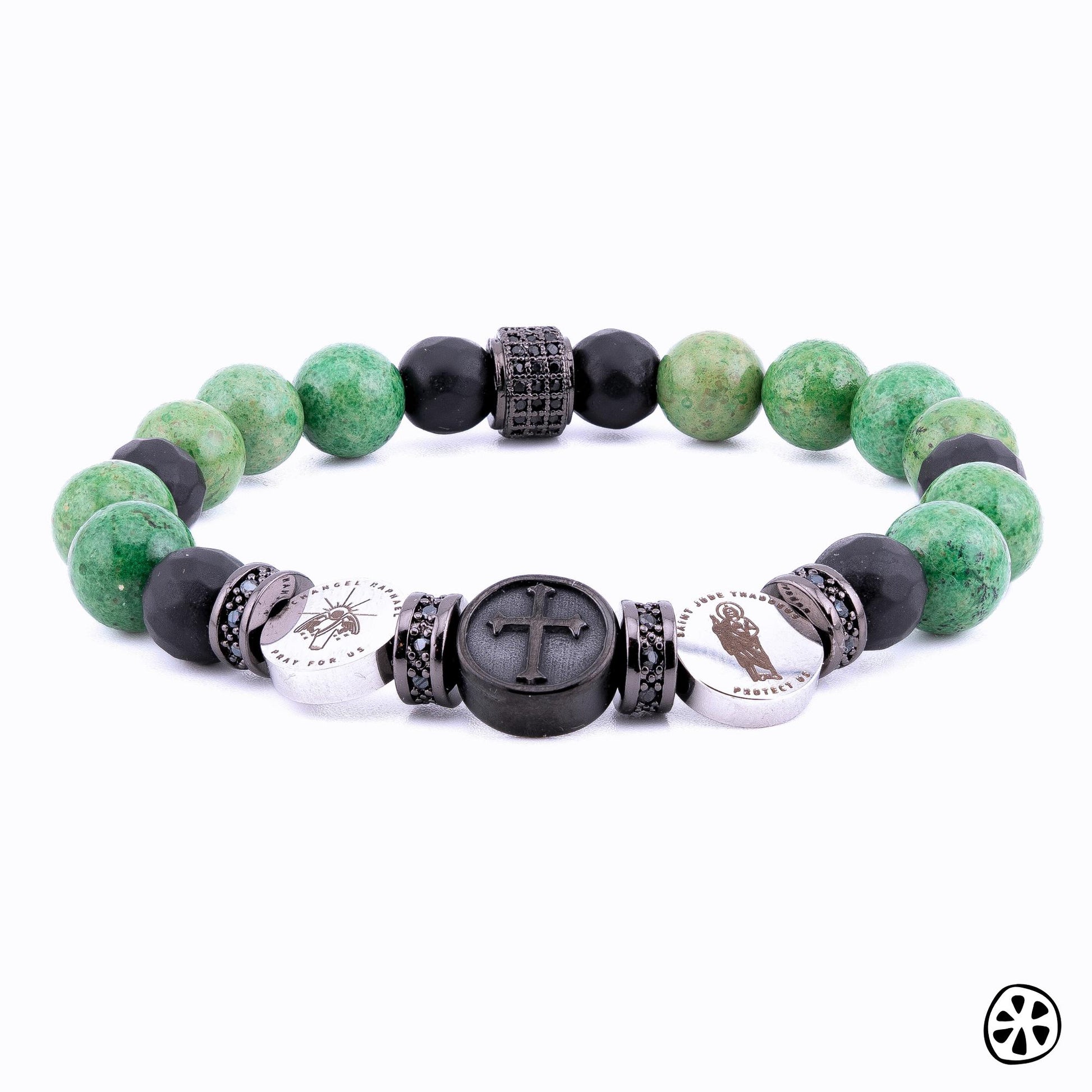 Three Saints Bracelet: Saint Jude Thaddeus, Cross, Archangel Raphael Custom Saint Choice. Faith & Blessing Gift, Green Apple Jasper Stone