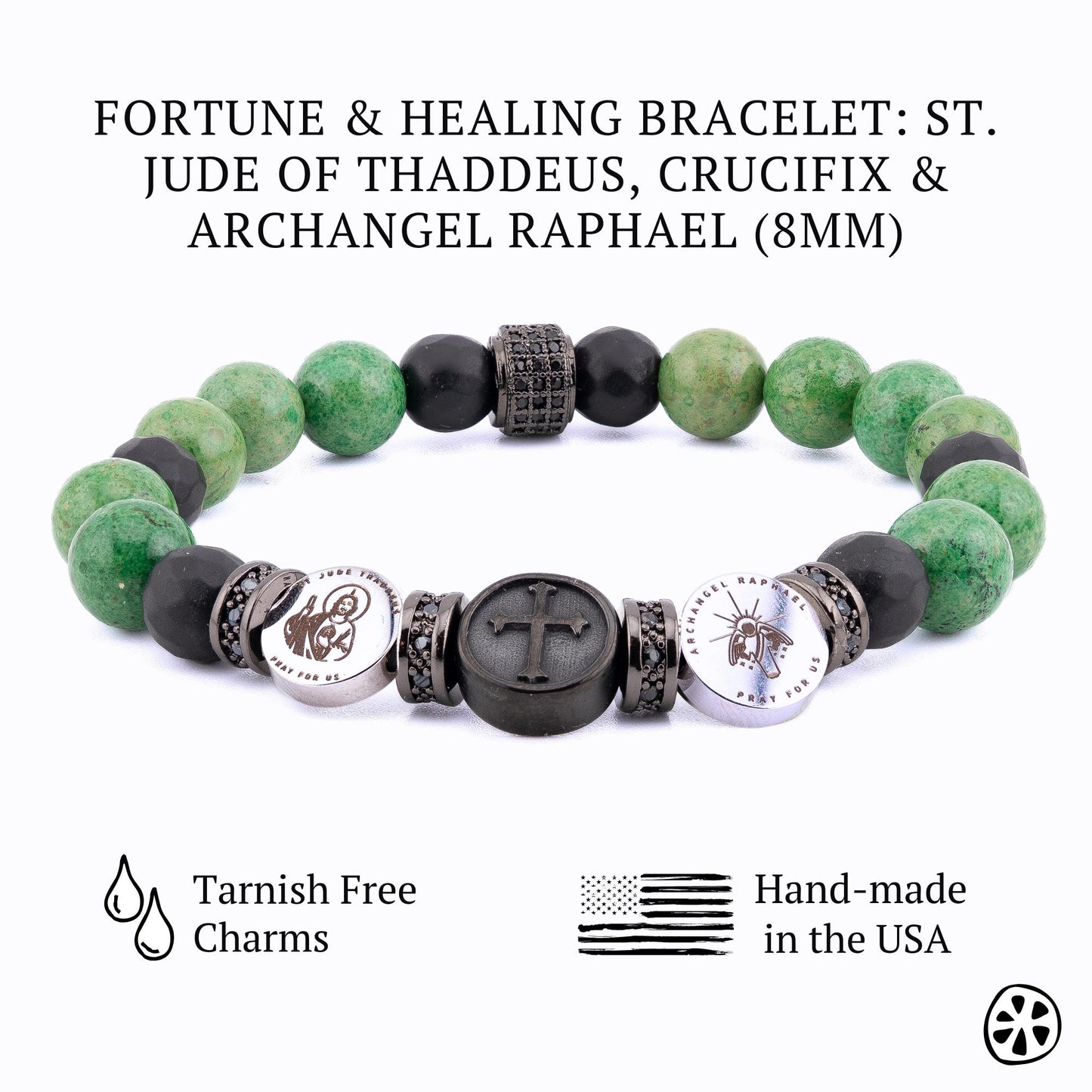 Three Saints Bracelet: Saint Jude Thaddeus, Cross, Archangel Raphael Custom Saint Choice. Faith & Blessing Gift, Green Apple Jasper Stone