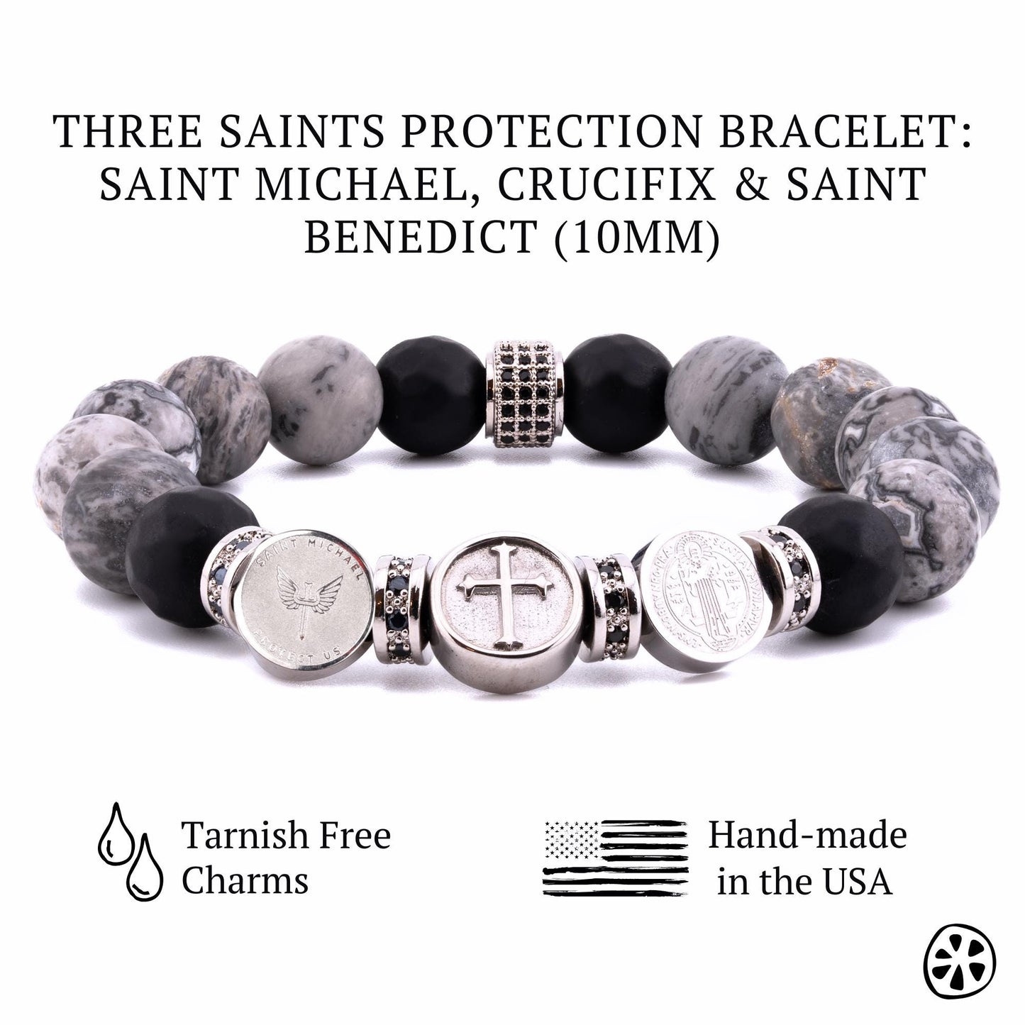Three Saints Protection Bracelet

This powerful bracelet blends spiritual protection and grounding energy. St. Michael’s sword, Guardian Angel, St. Benedict’s medal, and the Crucifix provide divine protection, strength, and guidance. Map Jasper promotes stability and emotional balance, while Black Onyx absorbs negativity and enhances resilience. Stainless steel and brass add durability and strength, reinforcing its protective energy.