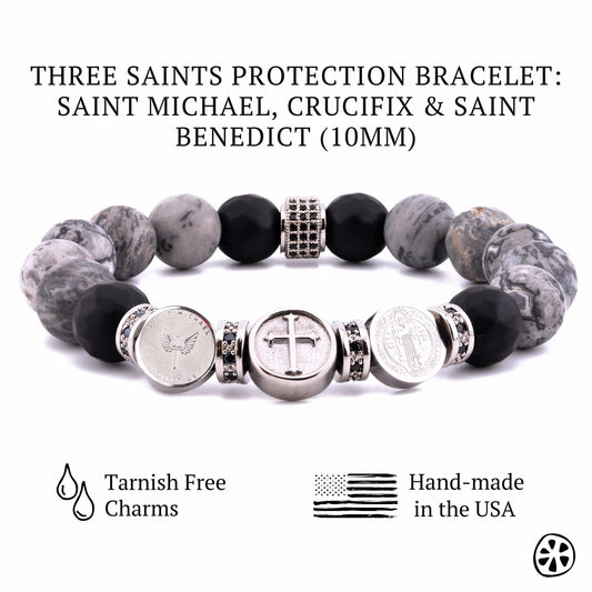 Three Saints Protection Bracelet

This powerful bracelet blends spiritual protection and grounding energy. St. Michael’s sword, Guardian Angel, St. Benedict’s medal, and the Crucifix provide divine protection, strength, and guidance. Map Jasper promotes stability and emotional balance, while Black Onyx absorbs negativity and enhances resilience. Stainless steel and brass add durability and strength, reinforcing its protective energy.