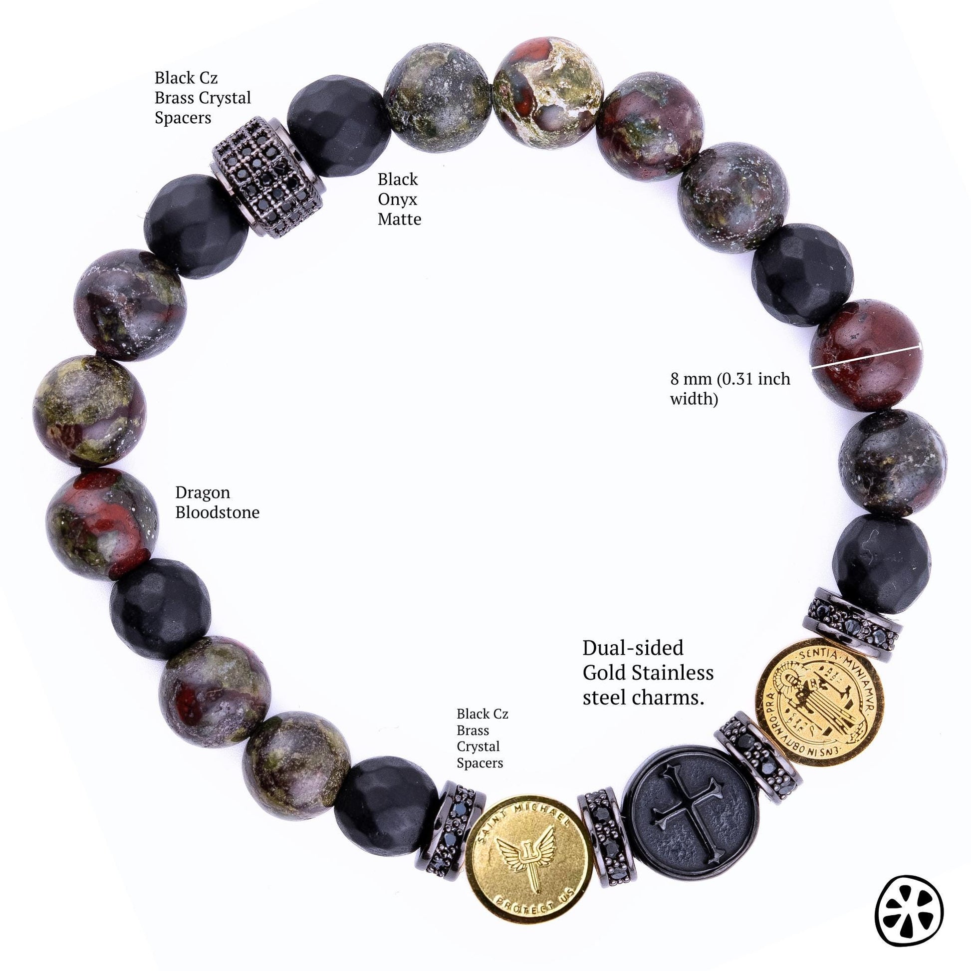 This protection bracelet combines St. Michael, the Cross, and St. Benedict, offering divine strength, defense against evil, and spiritual guidance. Dragon Bloodstone enhances courage, vitality, and resilience, while Black Onyx absorbs negativity, providing grounding and inner strength. Together, these elements create a powerful shield of protection, faith, and confidence for the wearer.