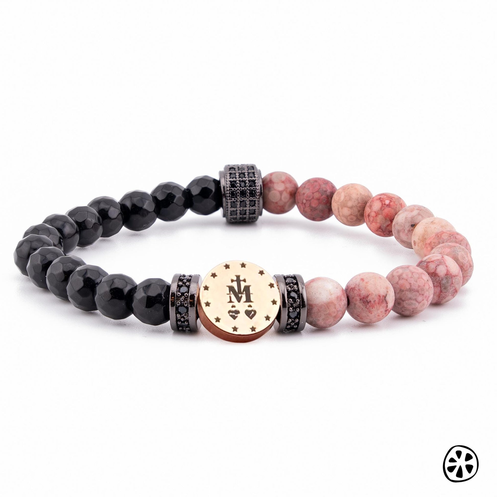 Our Lady of Graces Immaculate Medal Bracelet, Miraculous Bracelet for Men, Custom Saint Choice, Faith & Blessing Gift. Onyx, Pink Jasper