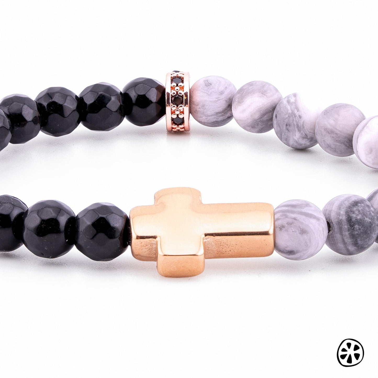 Rose Gold Cross Bracelet with Map Jasper & Black Onyx | Catholic Christian Gift for Men Women | Confirmation Faith Jewelry