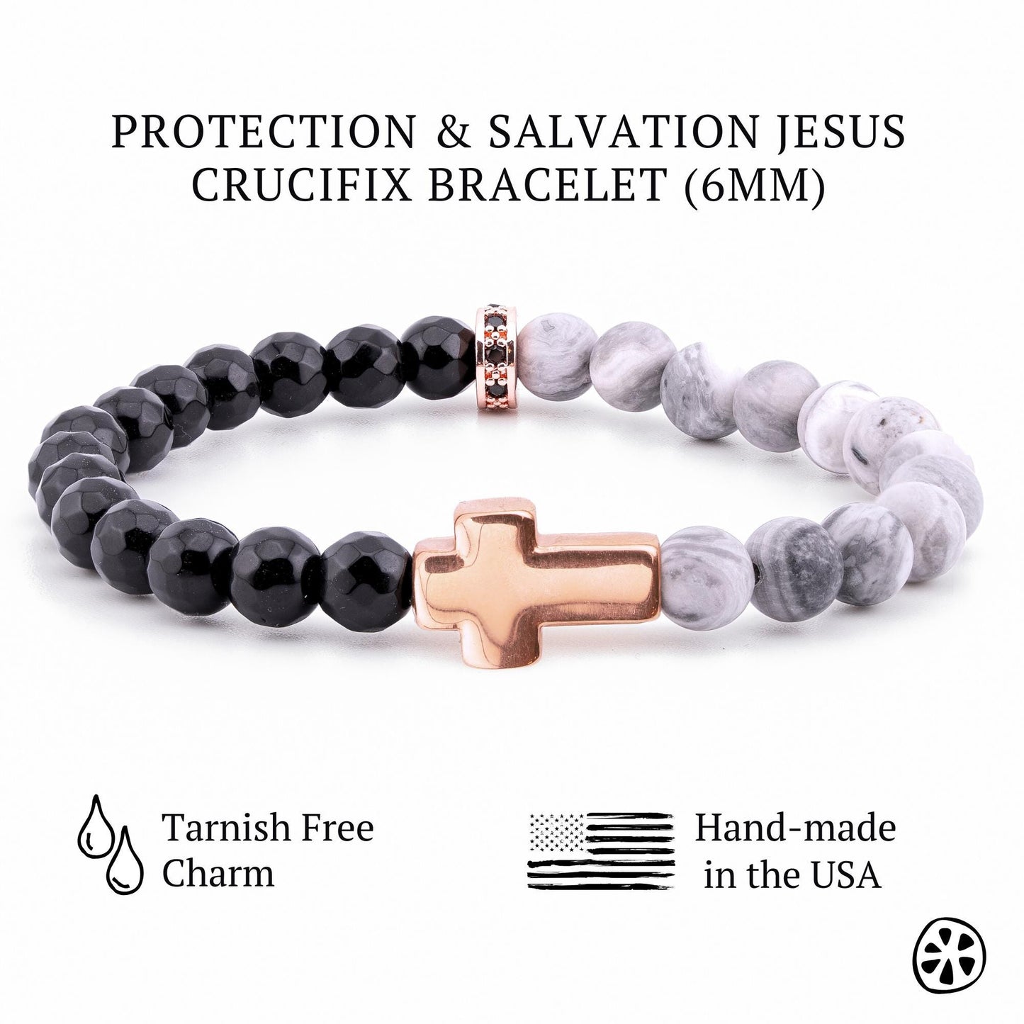 Rose Gold Cross Bracelet with Map Jasper & Black Onyx | Catholic Christian Gift for Men Women | Confirmation Faith Jewelry