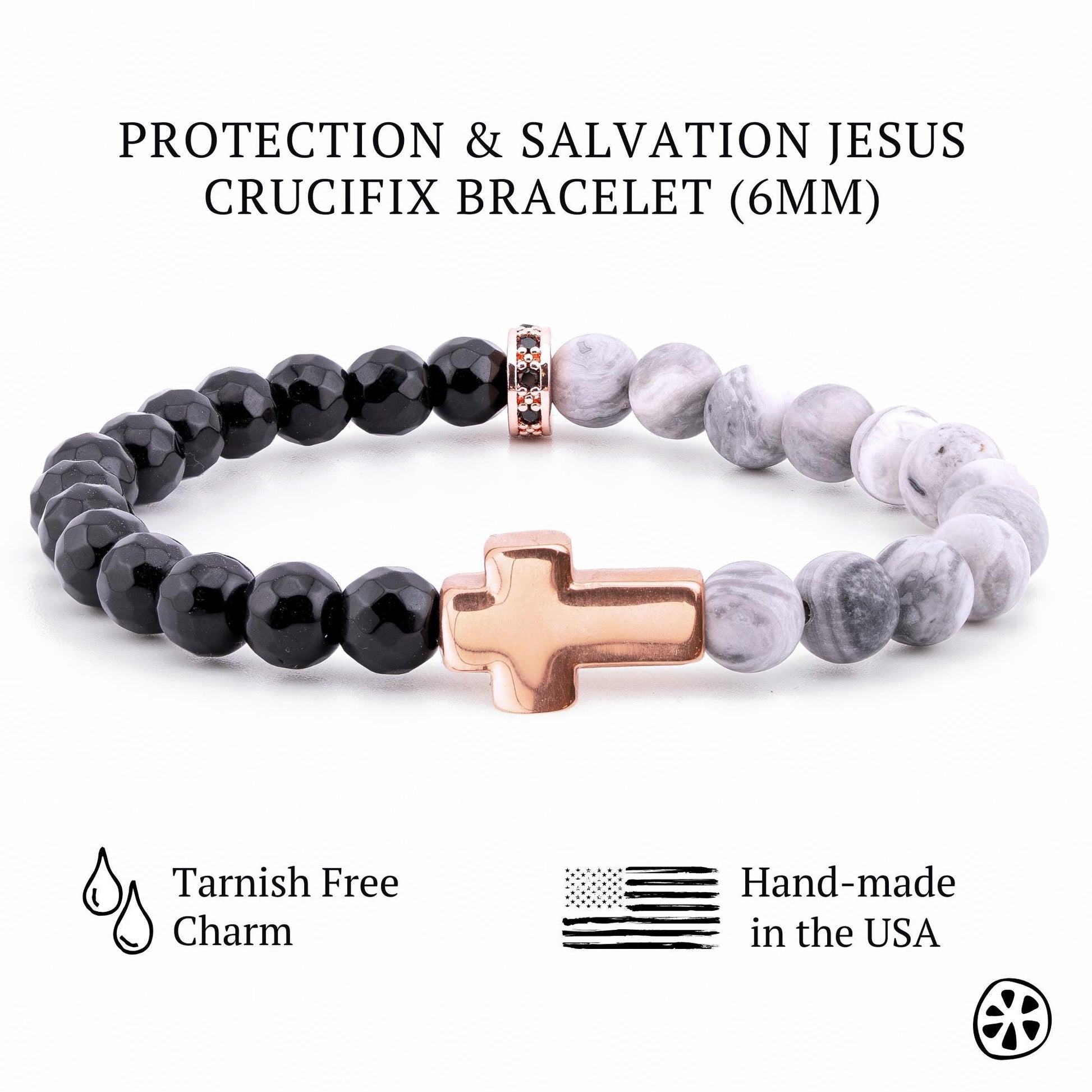 Rose Gold Cross Bracelet with Map Jasper & Black Onyx | Catholic Christian Gift for Men Women | Confirmation Faith Jewelry