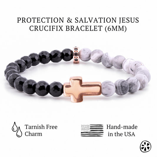Rose Gold Cross Bracelet with Map Jasper & Black Onyx | Catholic Christian Gift for Men Women | Confirmation Faith Jewelry