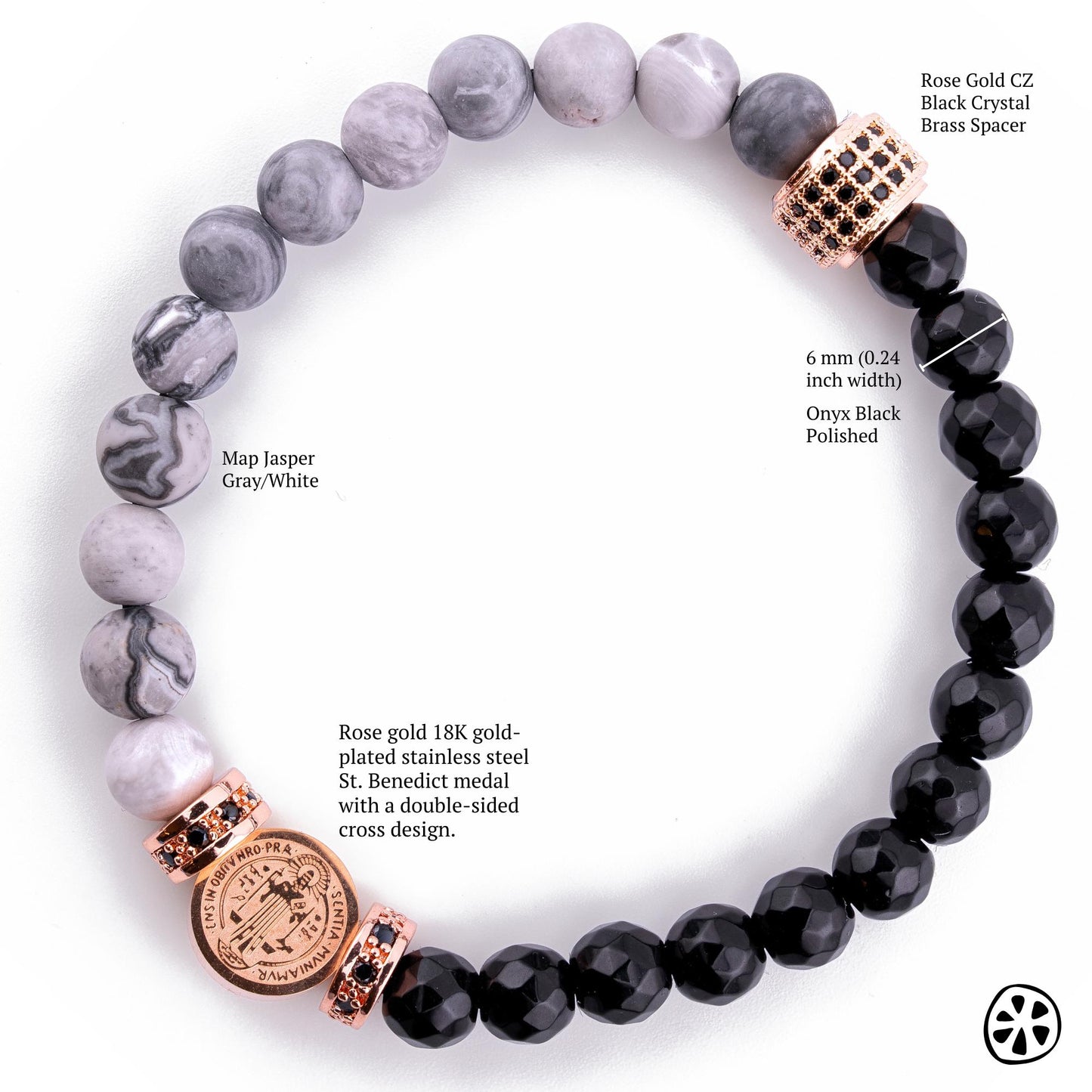 Rose Gold St. Benedict Bracelet: Onyx & Jasper, Tarnish-Free