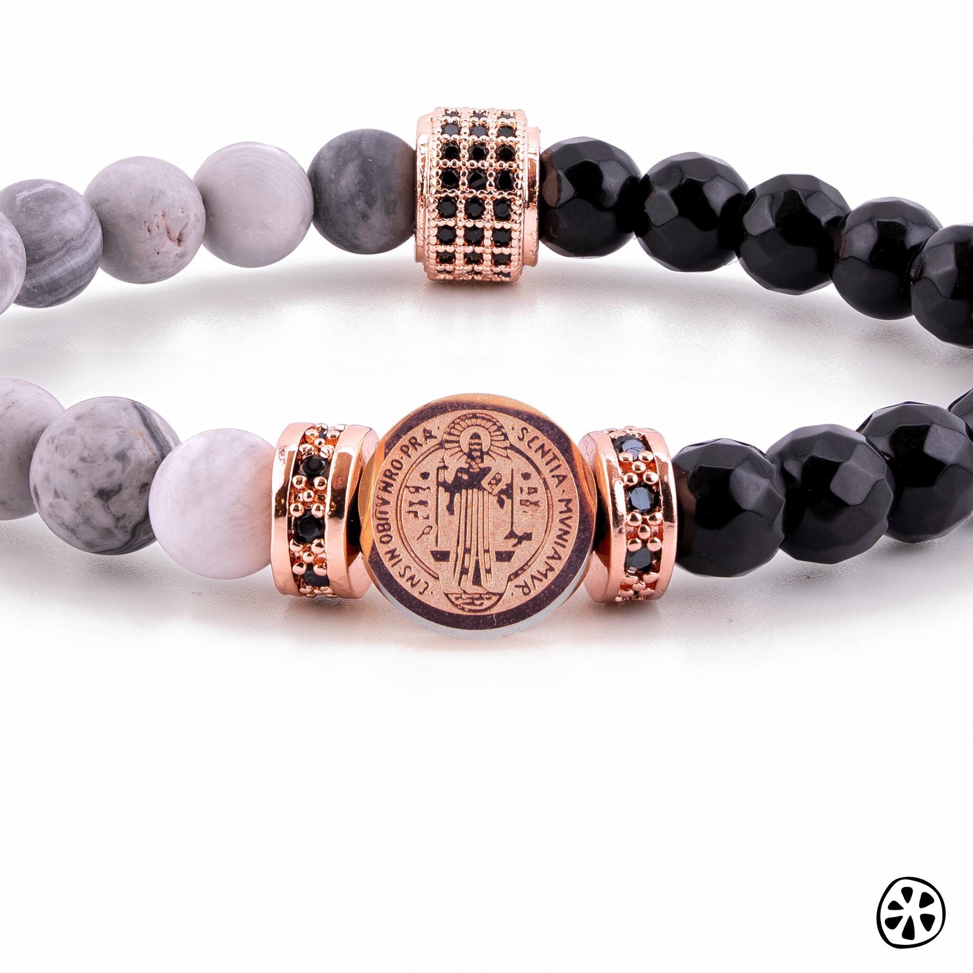 Rose Gold St. Benedict Bracelet: Onyx & Jasper, Tarnish-Free