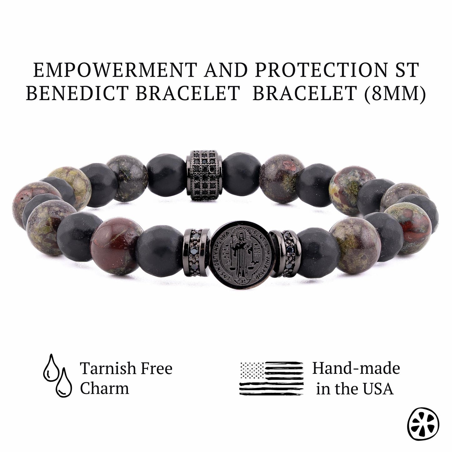 Handcrafted Saint Benedict bracelet featuring a black PVD plated stainless steel medal, symbol of Catholic faith and divine protection. Designed with Dragon Bloodstone beads for courage, Black Onyx for grounding, and CZ brass spacers for sparkle. A spiritual men’s bracelet and unisex Catholic jewelry piece, ideal as a religious birthday gift, Father’s Day gift, or Catholic gift for him. Stylish and meaningful faith bracelet for everyday wear.