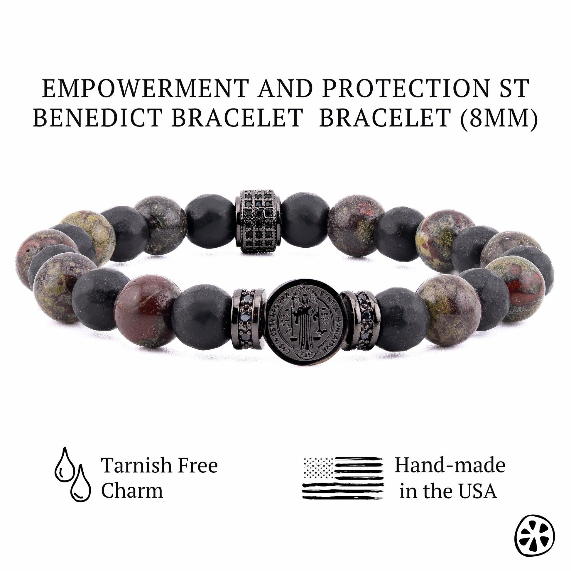 Handcrafted Saint Benedict bracelet featuring a black PVD plated stainless steel medal, symbol of Catholic faith and divine protection. Designed with Dragon Bloodstone beads for courage, Black Onyx for grounding, and CZ brass spacers for sparkle. A spiritual men’s bracelet and unisex Catholic jewelry piece, ideal as a religious birthday gift, Father’s Day gift, or Catholic gift for him. Stylish and meaningful faith bracelet for everyday wear.
