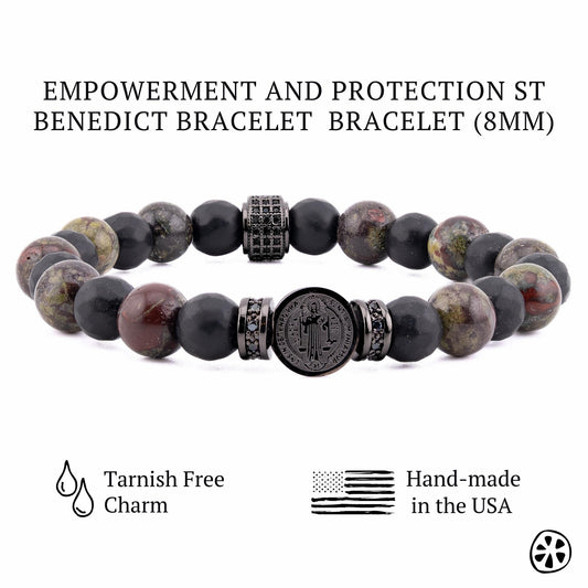 Handcrafted Saint Benedict bracelet featuring a black PVD plated stainless steel medal, symbol of Catholic faith and divine protection. Designed with Dragon Bloodstone beads for courage, Black Onyx for grounding, and CZ brass spacers for sparkle. A spiritual men’s bracelet and unisex Catholic jewelry piece, ideal as a religious birthday gift, Father’s Day gift, or Catholic gift for him. Stylish and meaningful faith bracelet for everyday wear.