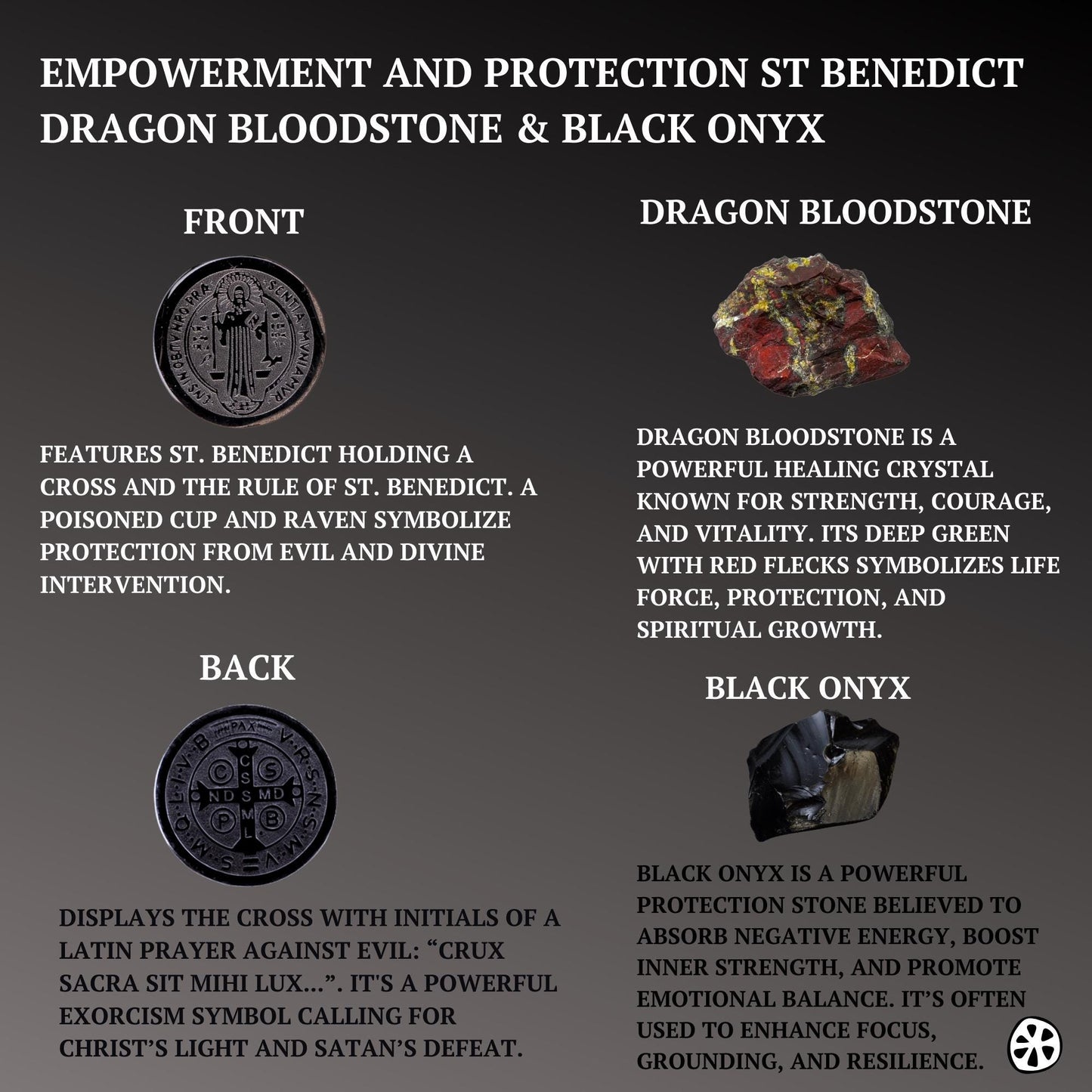 Saint Benedict protection bracelet with black PVD plated stainless steel medal charm, paired with genuine Dragon Bloodstone for vitality and courage, and Black Onyx beads to absorb negativity and provide balance. Accented with CZ brass spacers for elegance. A handmade unisex bracelet that blends Catholic symbolism with gemstone energy. Perfect spiritual jewelry for men or women, offering strength, resilience, and protective energy every day.