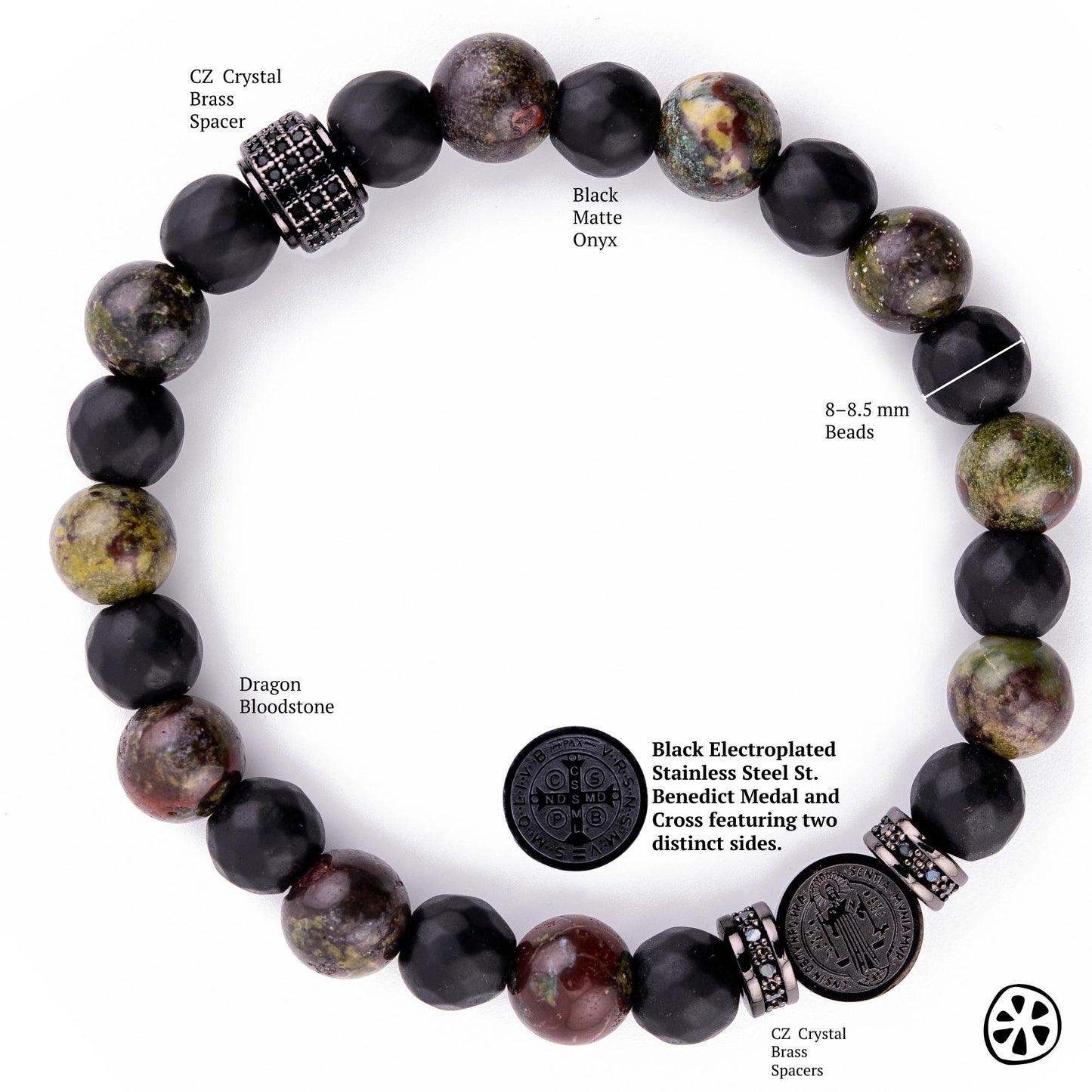 Catholic Saint Benedict bracelet crafted with a black PVD plated stainless steel medal and genuine gemstone beads. Features Dragon Bloodstone stones with deep red and green hues, polished Black Onyx beads for grounding, and shimmering CZ brass spacers. Stretch fit for comfort. A unisex Catholic jewelry bracelet designed for men or women seeking faith, protection, and style. Perfect gift for dad, husband, or spiritual friend who values meaningful jewelry.