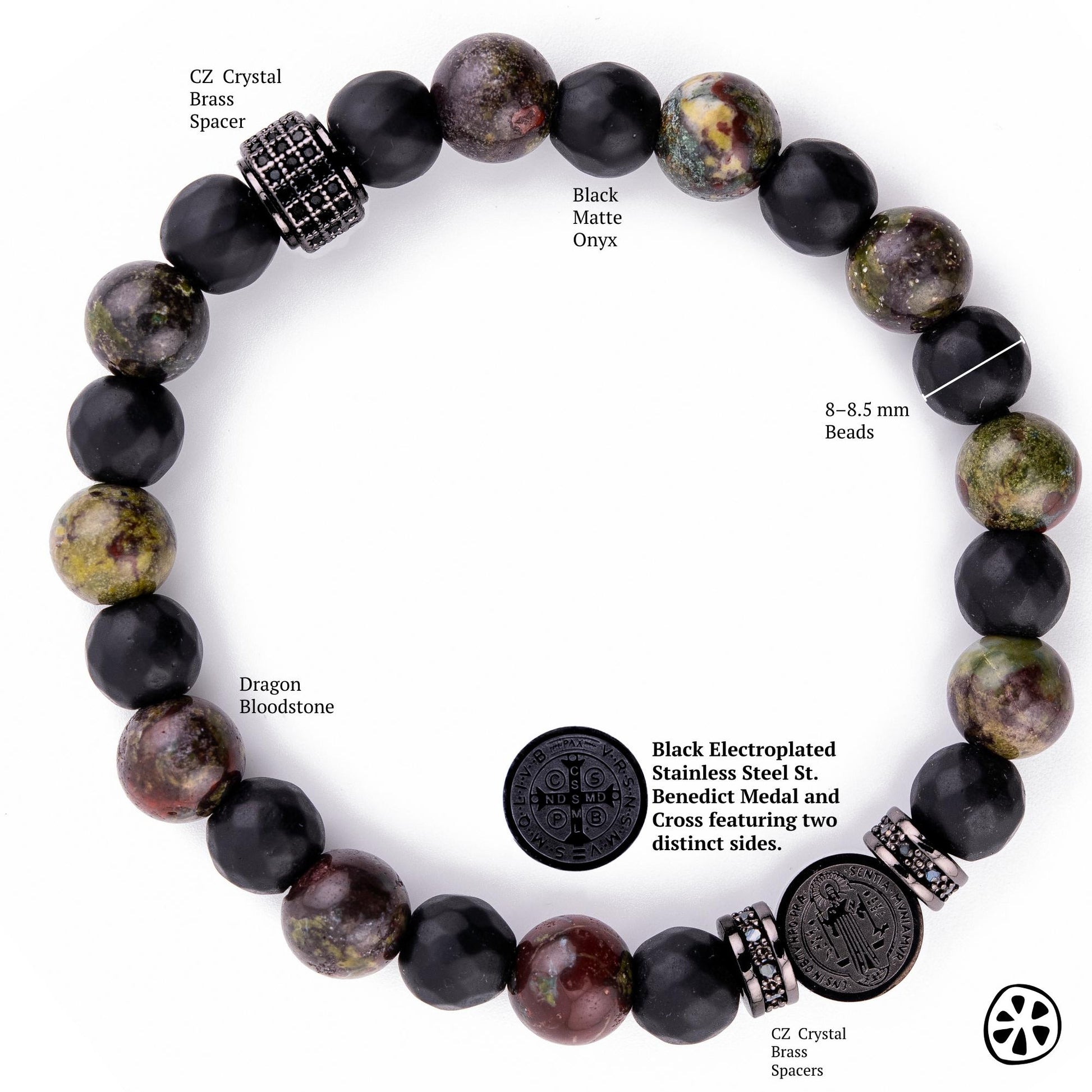 Catholic Saint Benedict bracelet crafted with a black PVD plated stainless steel medal and genuine gemstone beads. Features Dragon Bloodstone stones with deep red and green hues, polished Black Onyx beads for grounding, and shimmering CZ brass spacers. Stretch fit for comfort. A unisex Catholic jewelry bracelet designed for men or women seeking faith, protection, and style. Perfect gift for dad, husband, or spiritual friend who values meaningful jewelry.