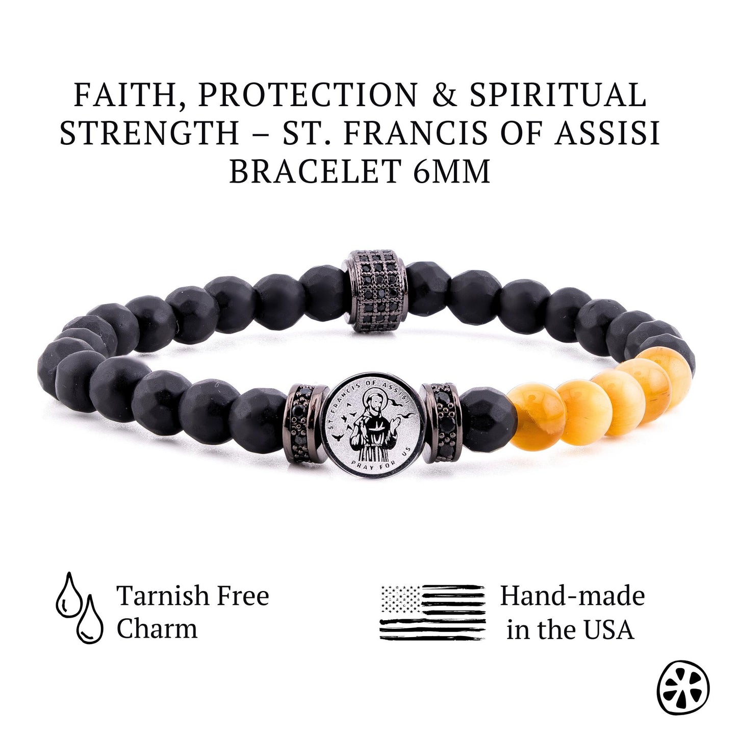 St Francis of Assisi Bracelet for Men, Tiger Eye and Black Onyx 6mm Beads, Catholic Saint Protection Jewelry, Stainless Steel Medal