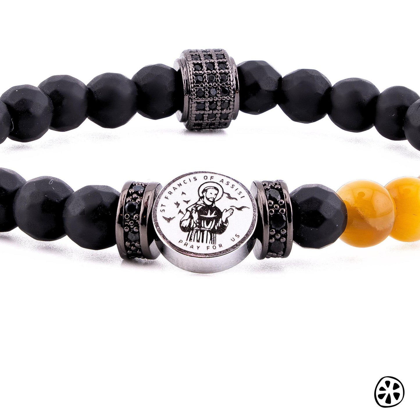 St Francis of Assisi Bracelet for Men, Tiger Eye and Black Onyx 6mm Beads, Catholic Saint Protection Jewelry, Stainless Steel Medal