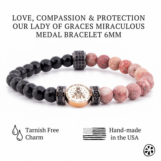 Our Lady of Graces Immaculate Medal Bracelet, Miraculous Bracelet for Men, Custom Saint Choice, Faith & Blessing Gift. Onyx, Pink Jasper