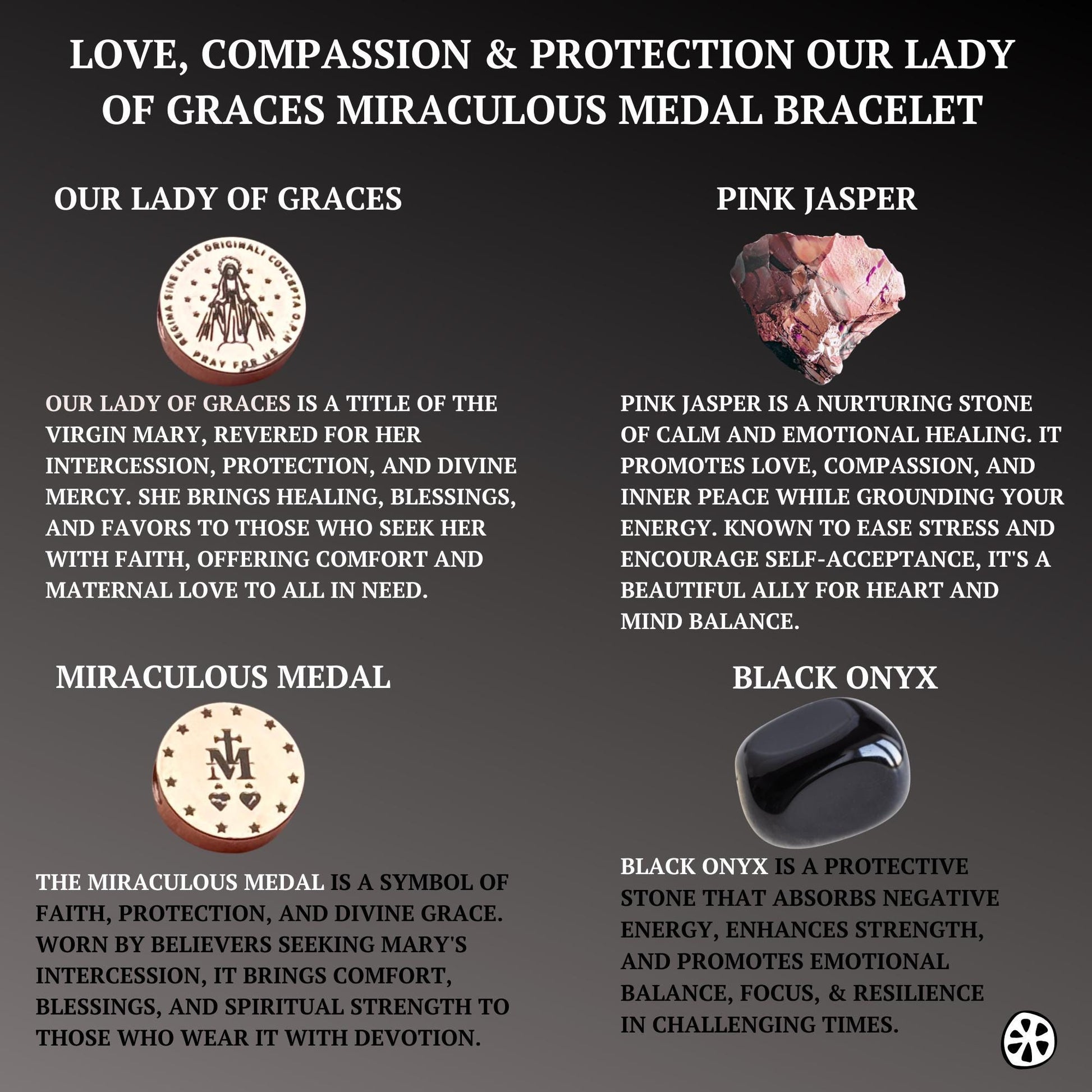 Our Lady of Graces Immaculate Medal Bracelet, Miraculous Bracelet for Men, Custom Saint Choice, Faith & Blessing Gift. Onyx, Pink Jasper