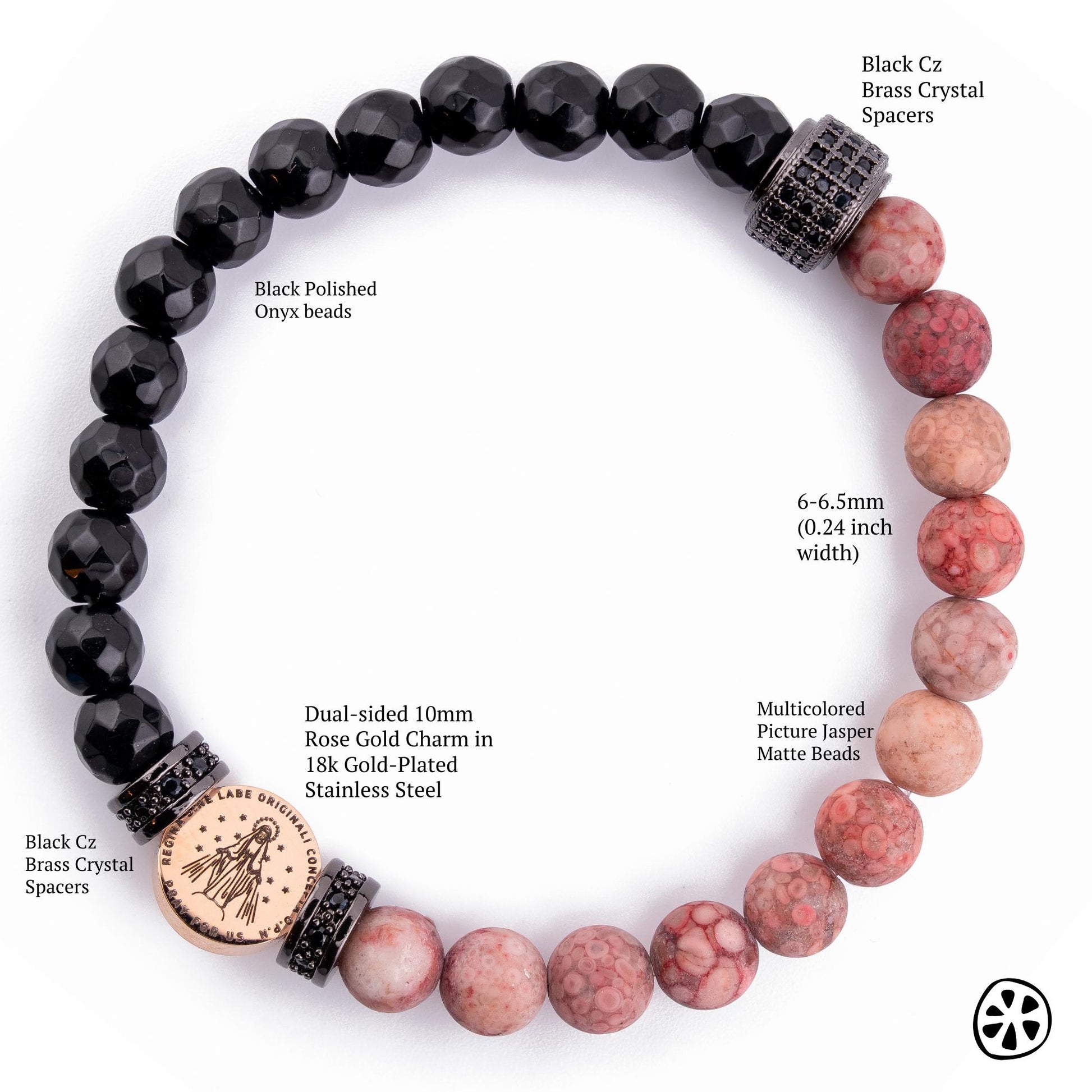 Our Lady of Graces Immaculate Medal Bracelet, Miraculous Bracelet for Men, Custom Saint Choice, Faith & Blessing Gift. Onyx, Pink Jasper