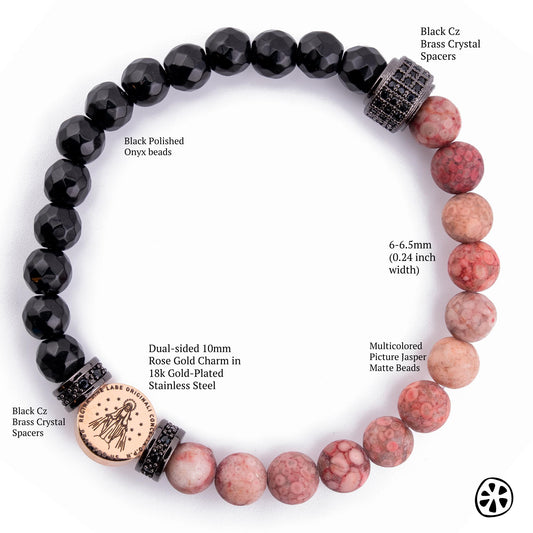 Our Lady of Graces Immaculate Medal Bracelet, Miraculous Bracelet for Men, Custom Saint Choice, Faith & Blessing Gift. Onyx, Pink Jasper