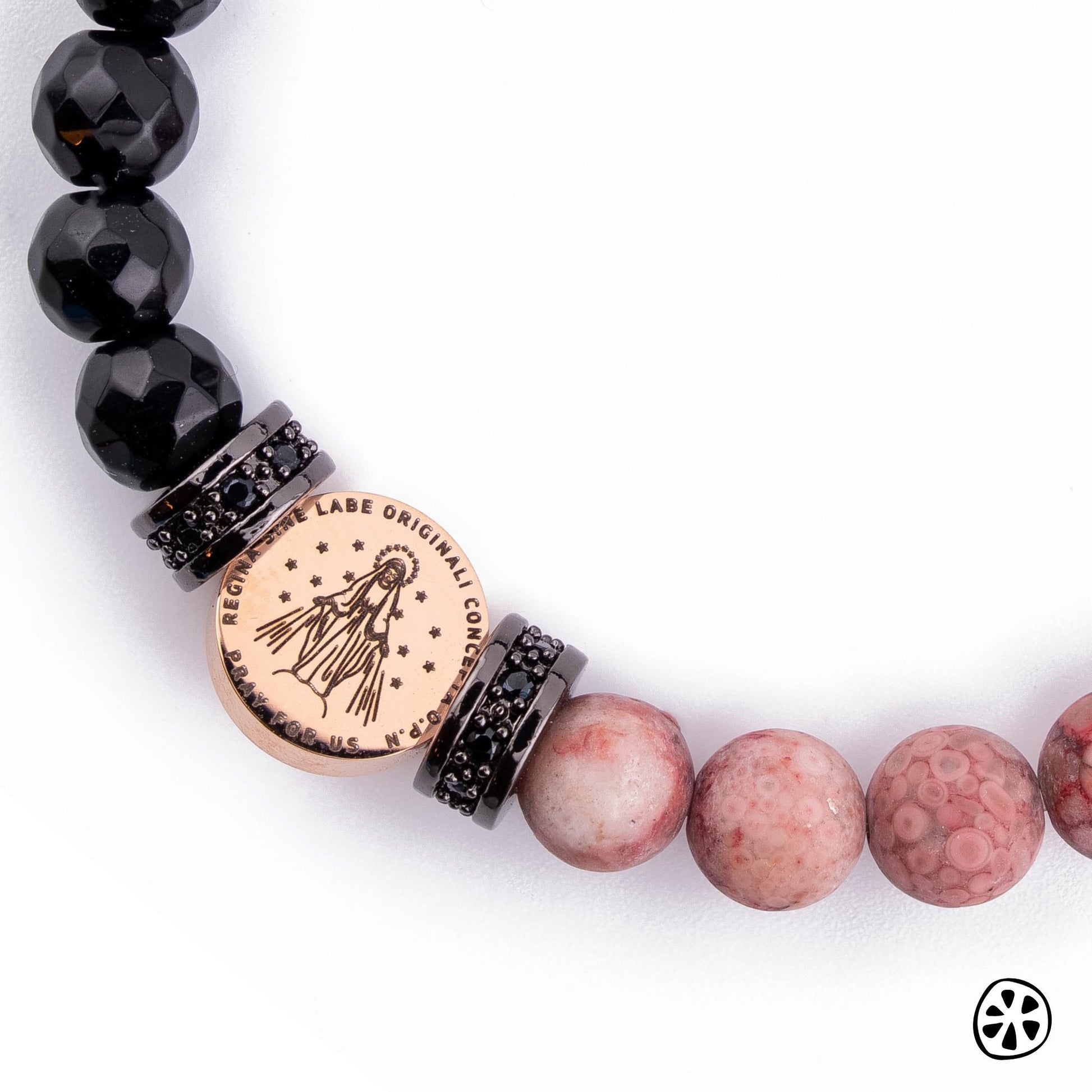 Our Lady of Graces Immaculate Medal Bracelet, Miraculous Bracelet for Men, Custom Saint Choice, Faith & Blessing Gift. Onyx, Pink Jasper