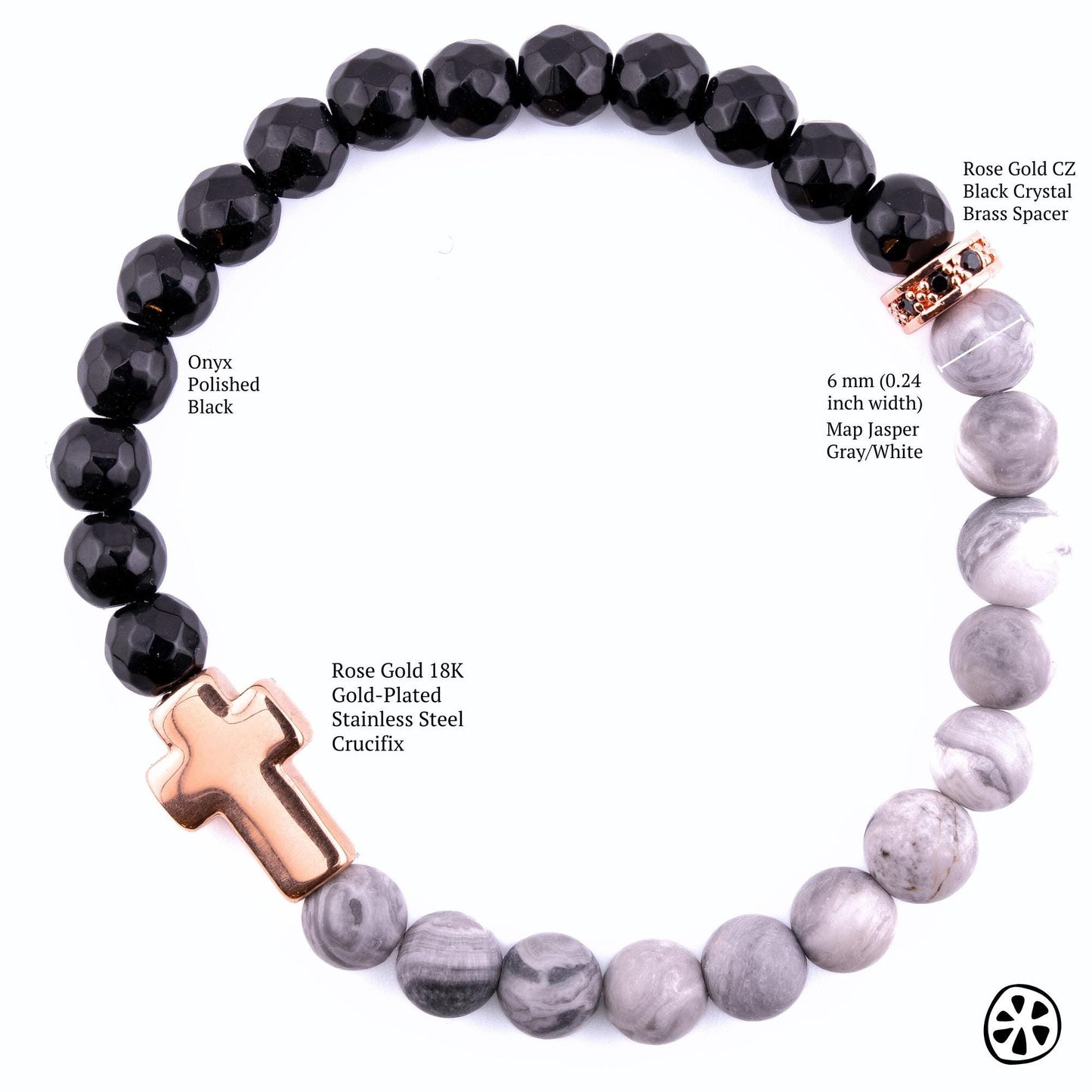 Rose Gold Cross Bracelet with Map Jasper & Black Onyx | Catholic Christian Gift for Men Women | Confirmation Faith Jewelry