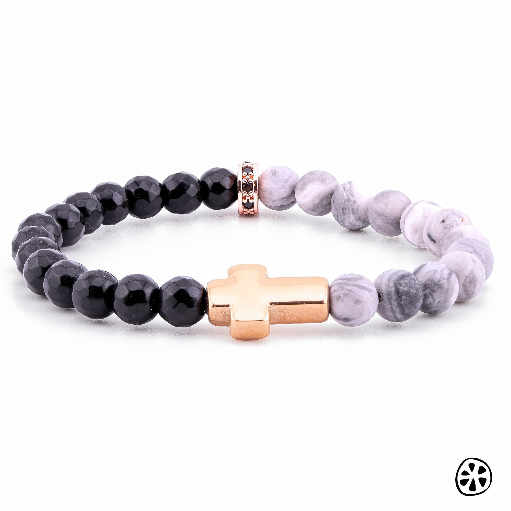 Rose Gold Cross Bracelet with Map Jasper & Black Onyx | Catholic Christian Gift for Men Women | Confirmation Faith Jewelry