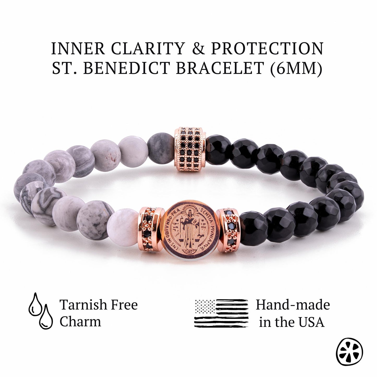 Rose Gold St. Benedict Bracelet: Onyx & Jasper, Tarnish-Free