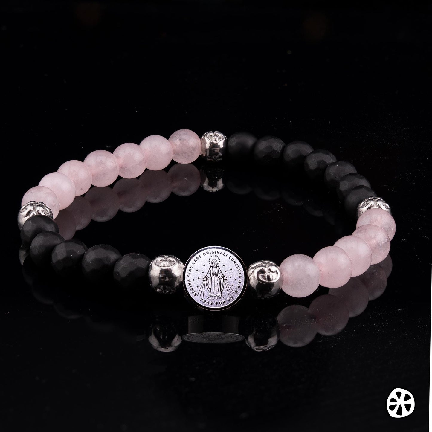 Our Lady of Graces Medal Bracelet: Onyx & Rose Quartz, Catholic Gift
