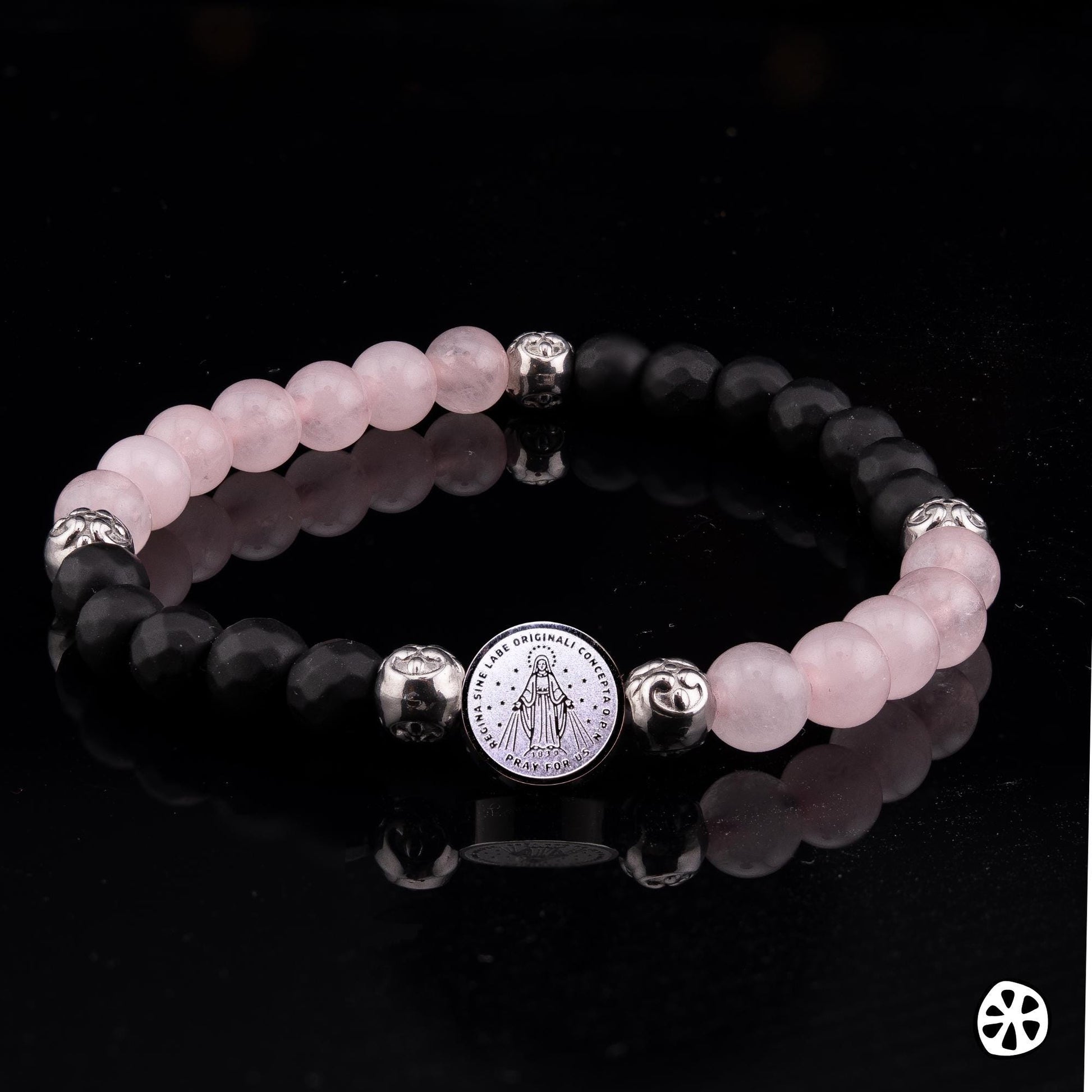 Our Lady of Graces Medal Bracelet: Onyx & Rose Quartz, Catholic Gift