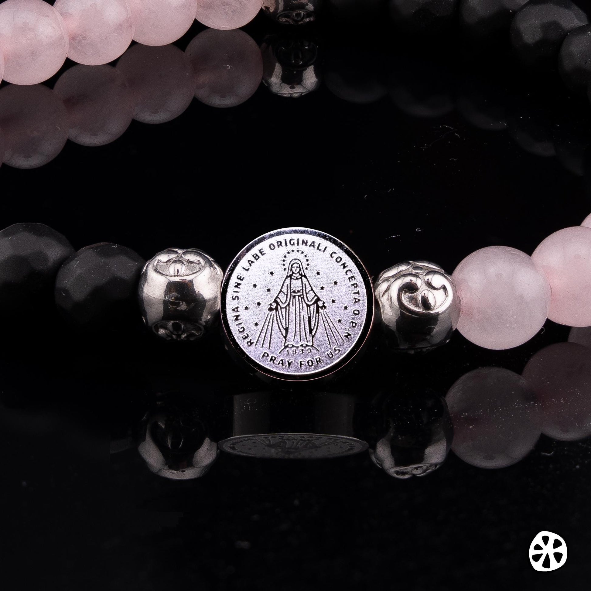 Our Lady of Graces Medal Bracelet: Onyx & Rose Quartz, Catholic Gift
