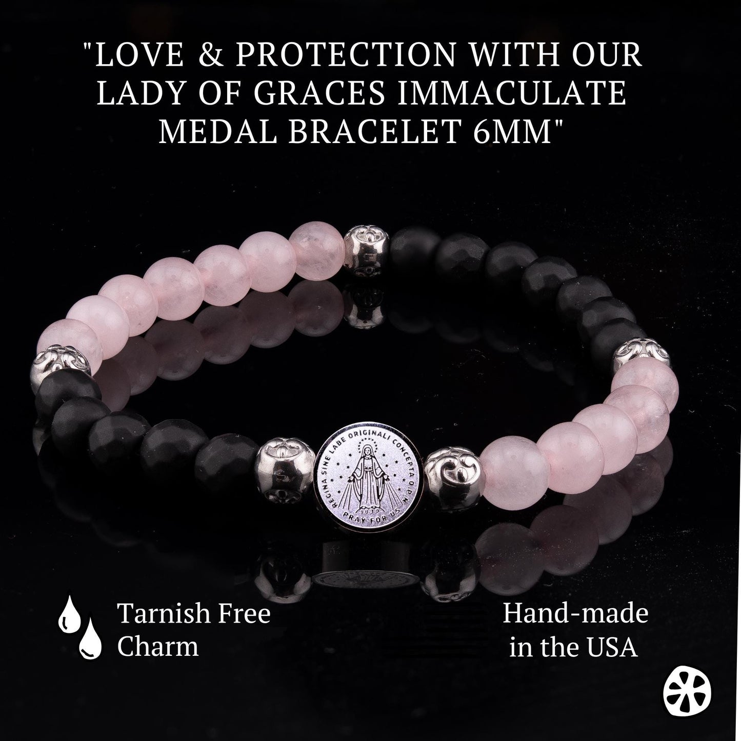 Our Lady of Graces Medal Bracelet: Onyx & Rose Quartz, Catholic Gift