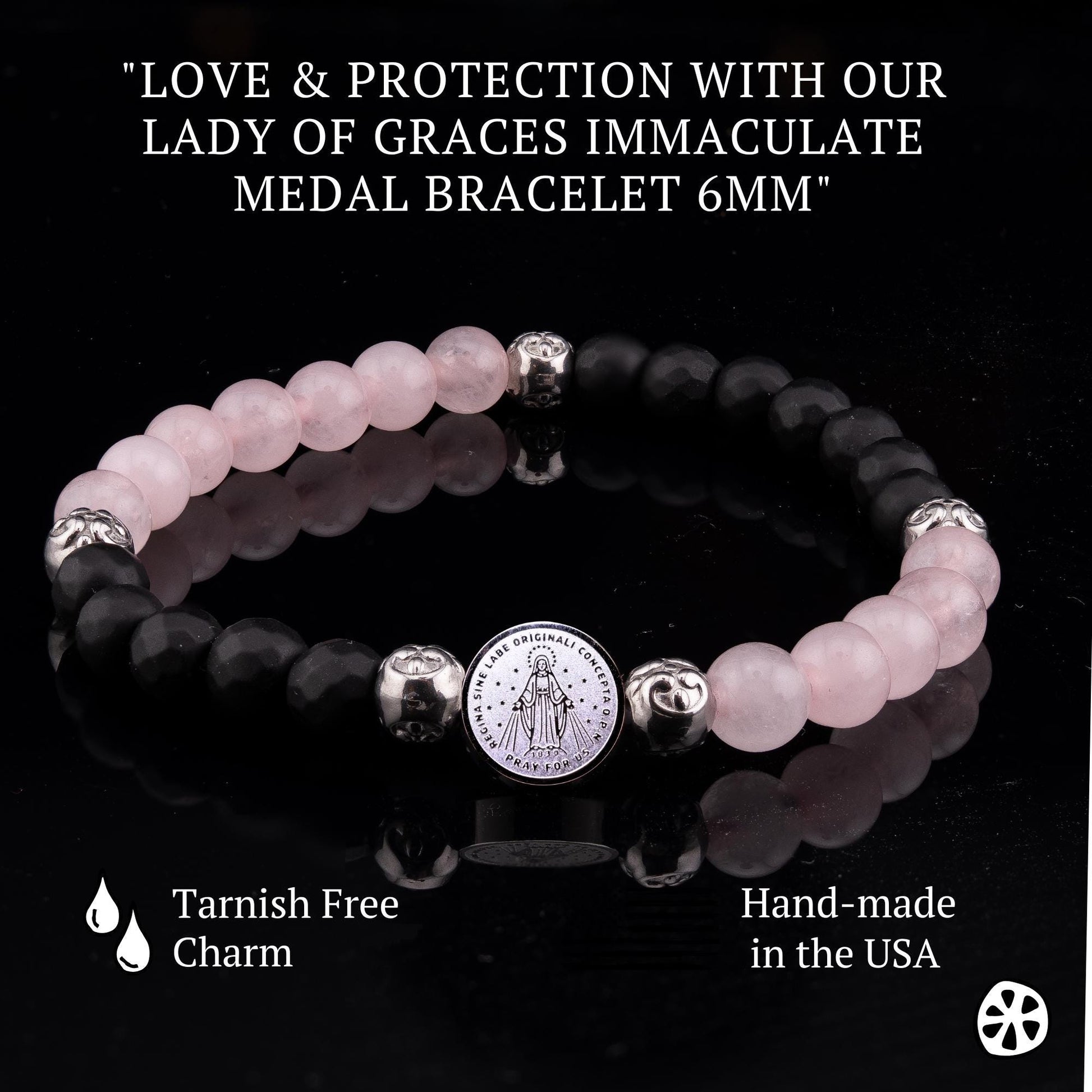 Our Lady of Graces Medal Bracelet: Onyx & Rose Quartz, Catholic Gift