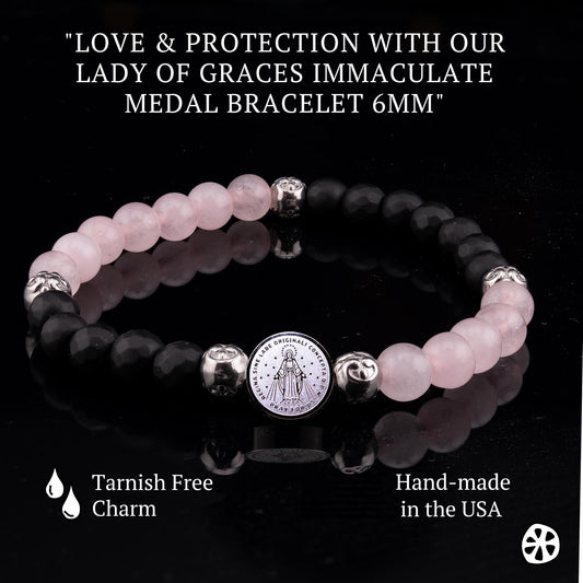Our Lady of Graces Medal Bracelet: Onyx & Rose Quartz, Catholic Gift
