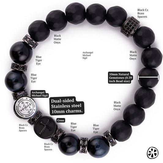 St Michael sigil bracelet for men with stainless steel dual sided medal and cross, blue tiger eye and black matte onyx beads 10mm, Catholic protection bracelet, archangel Michael sigil jewelry, spiritual protection gift for police, first responders, military, Christian mens beaded bracelet, handmade USA, durable elastic cord, black CZ brass spacers, prayer bracelet, guardian angel protection, religious gift for him, mens faith bracelet unisex style